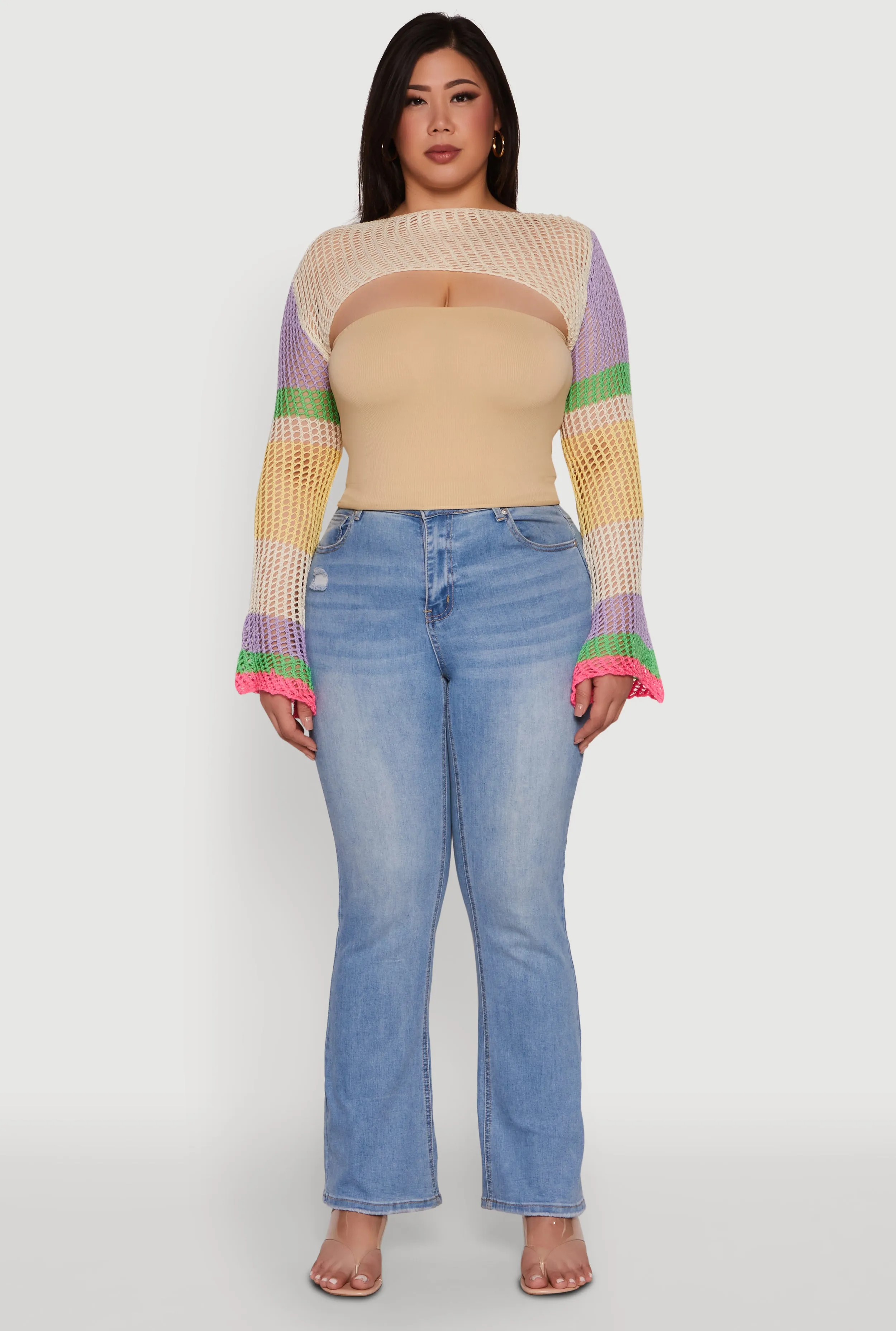 Plus Size Stylish Crochet Bell Sleeve Bolero Top sold by Rainbow