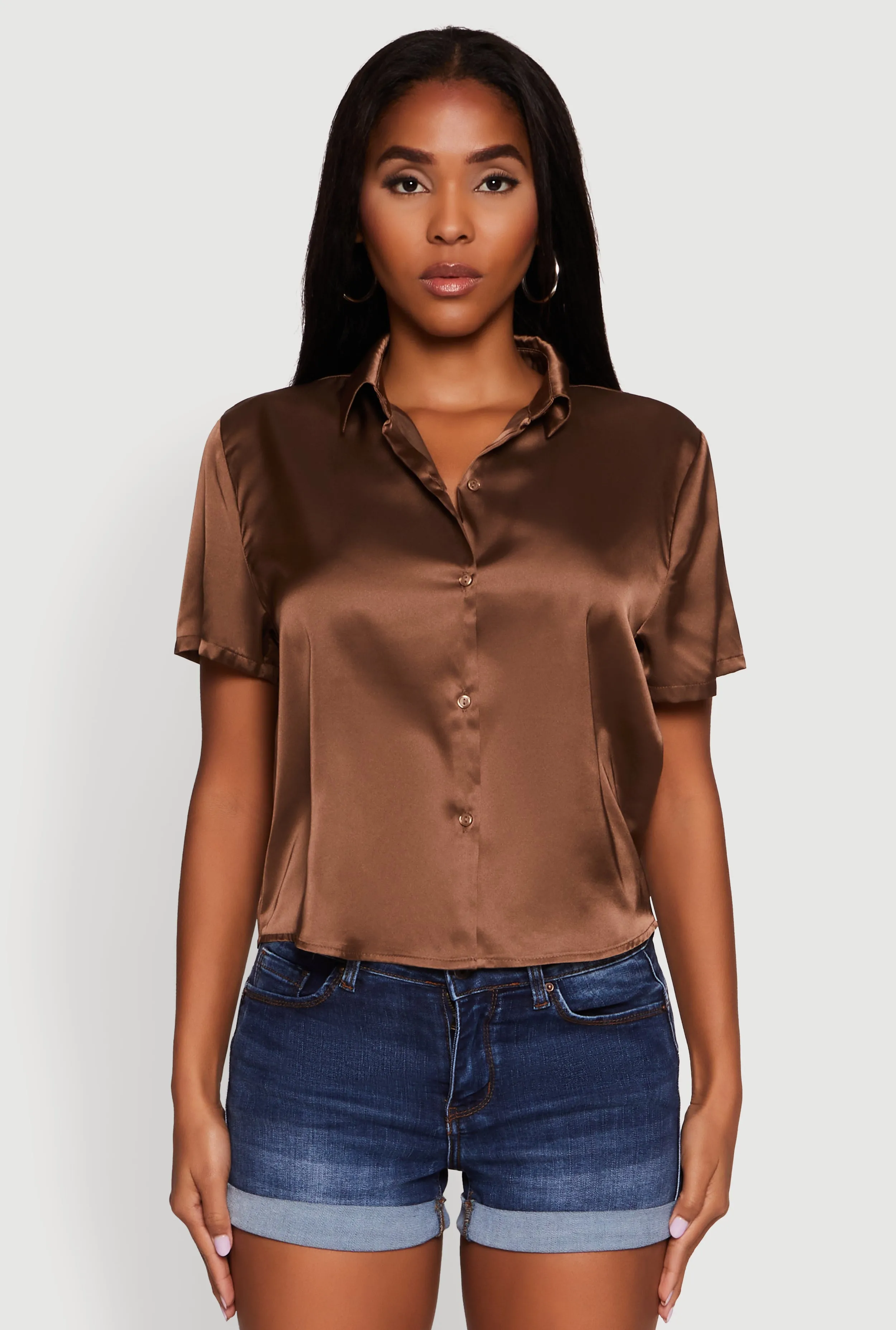 Satin Button Front Cropped Boxy Top sold by Rainbow product image thumbnail 2