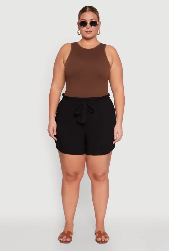 Plus Size Tie Waist Paper Bag Shorts sold by Rainbow
