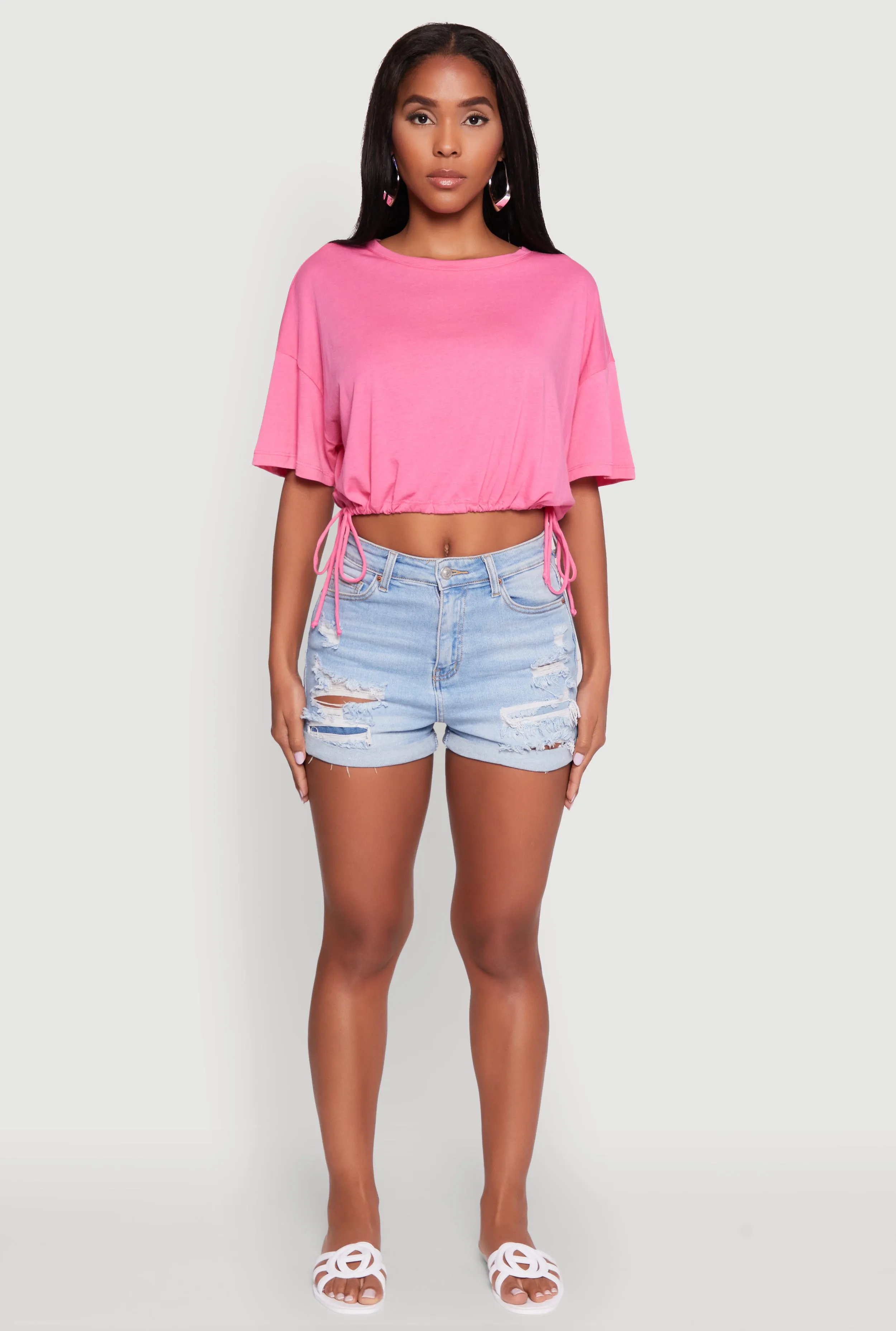 Cropped Drawstring Hem Short Sleeve Crew Neck Top sold by Rainbow product image thumbnail 3