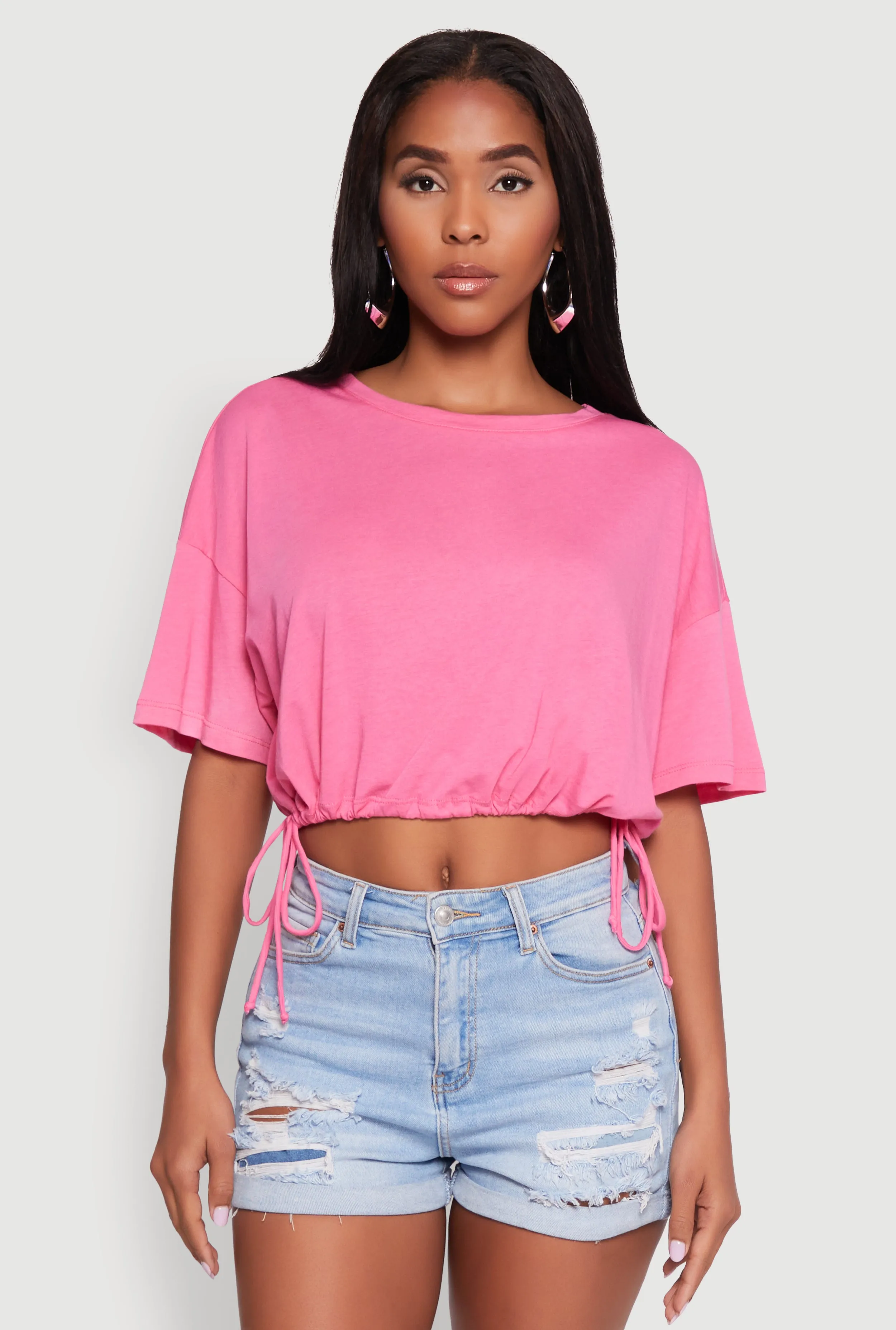 Cropped Drawstring Hem Short Sleeve Crew Neck Top sold by Rainbow product image thumbnail 2