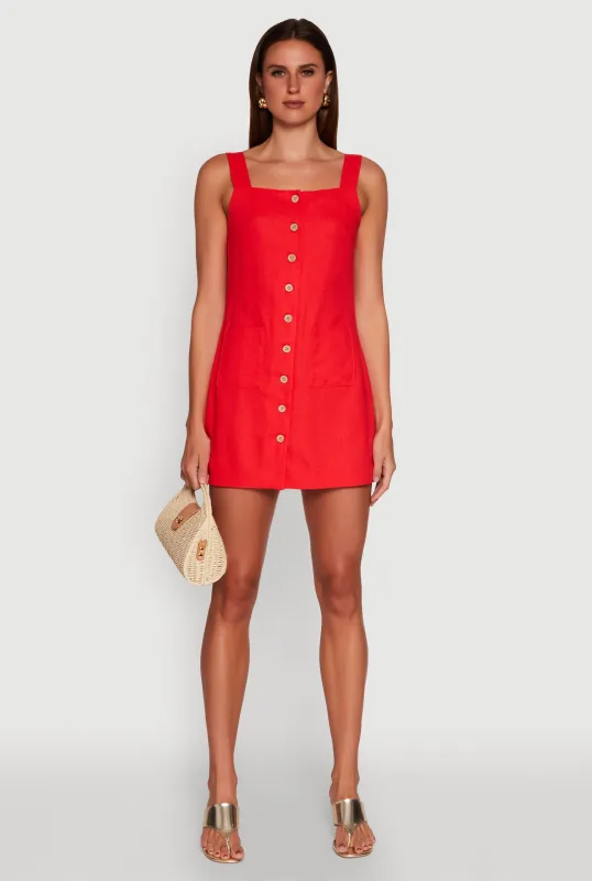 Trendy Linen Button Front Square Neck Dress sold by Rainbow