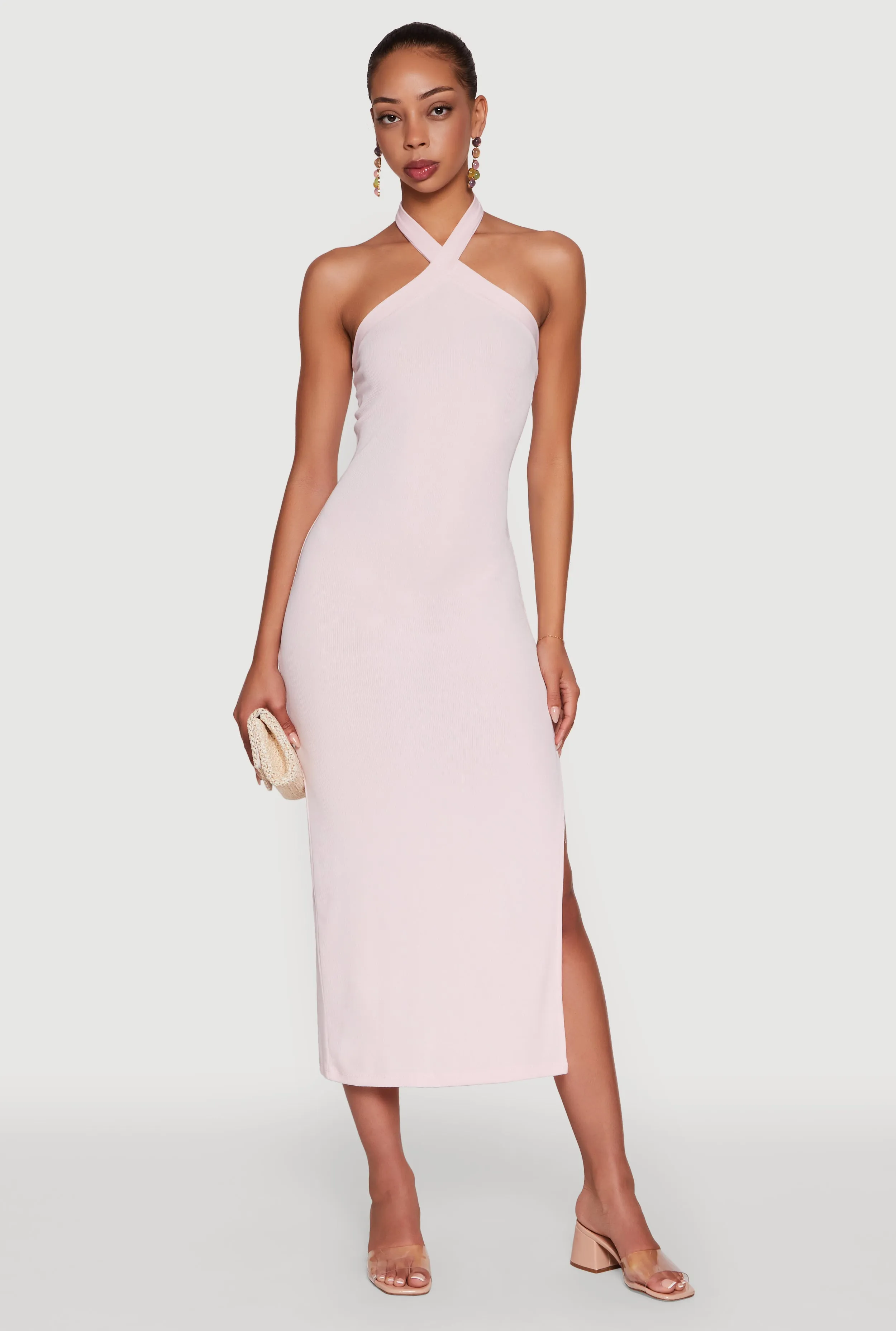 Ribbed Knit Bodycon Halter Dress with Side Slit sold by Rainbow