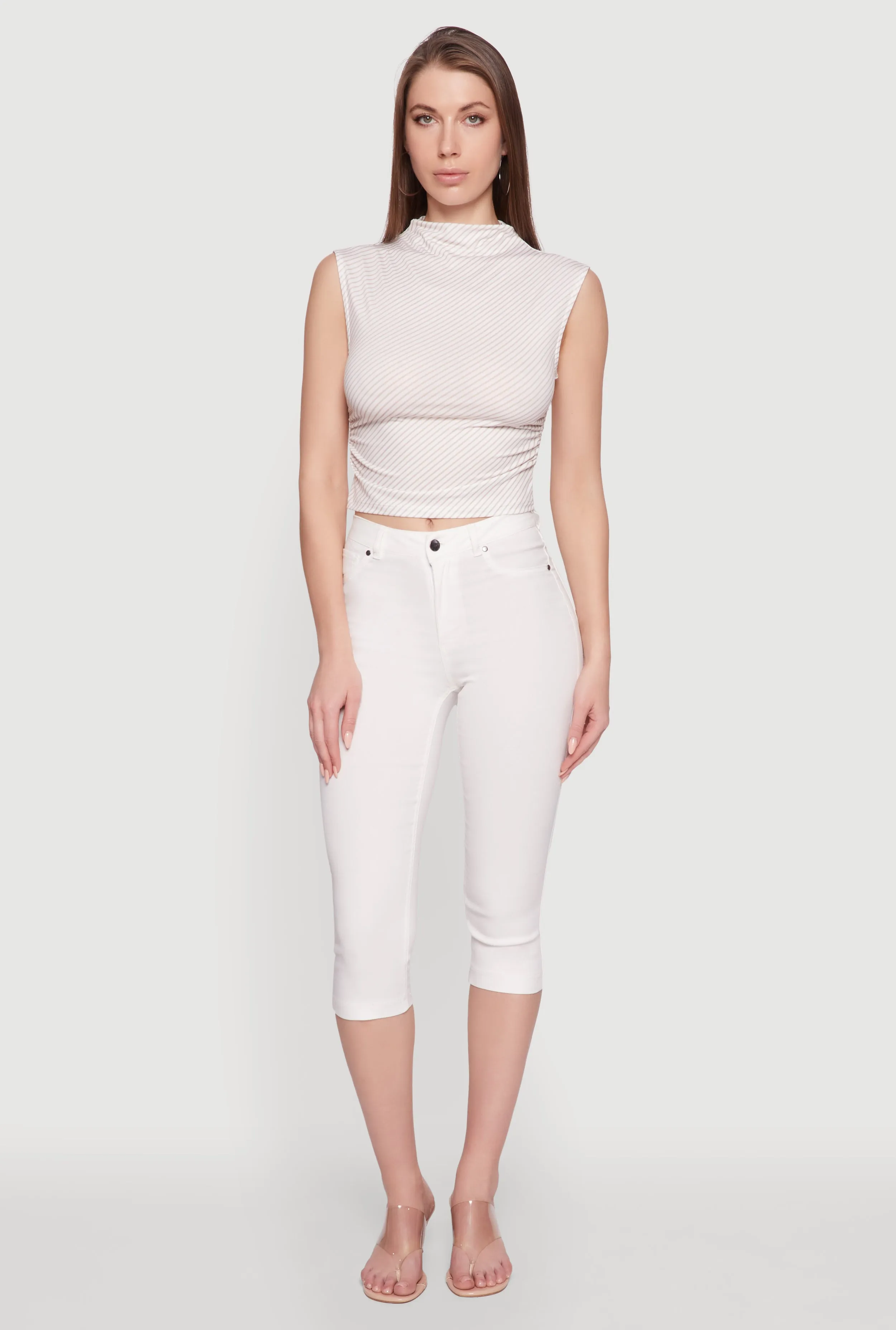 Sleeveless Mock Neck Ruched Side Cropped Blouse sold by Rainbow