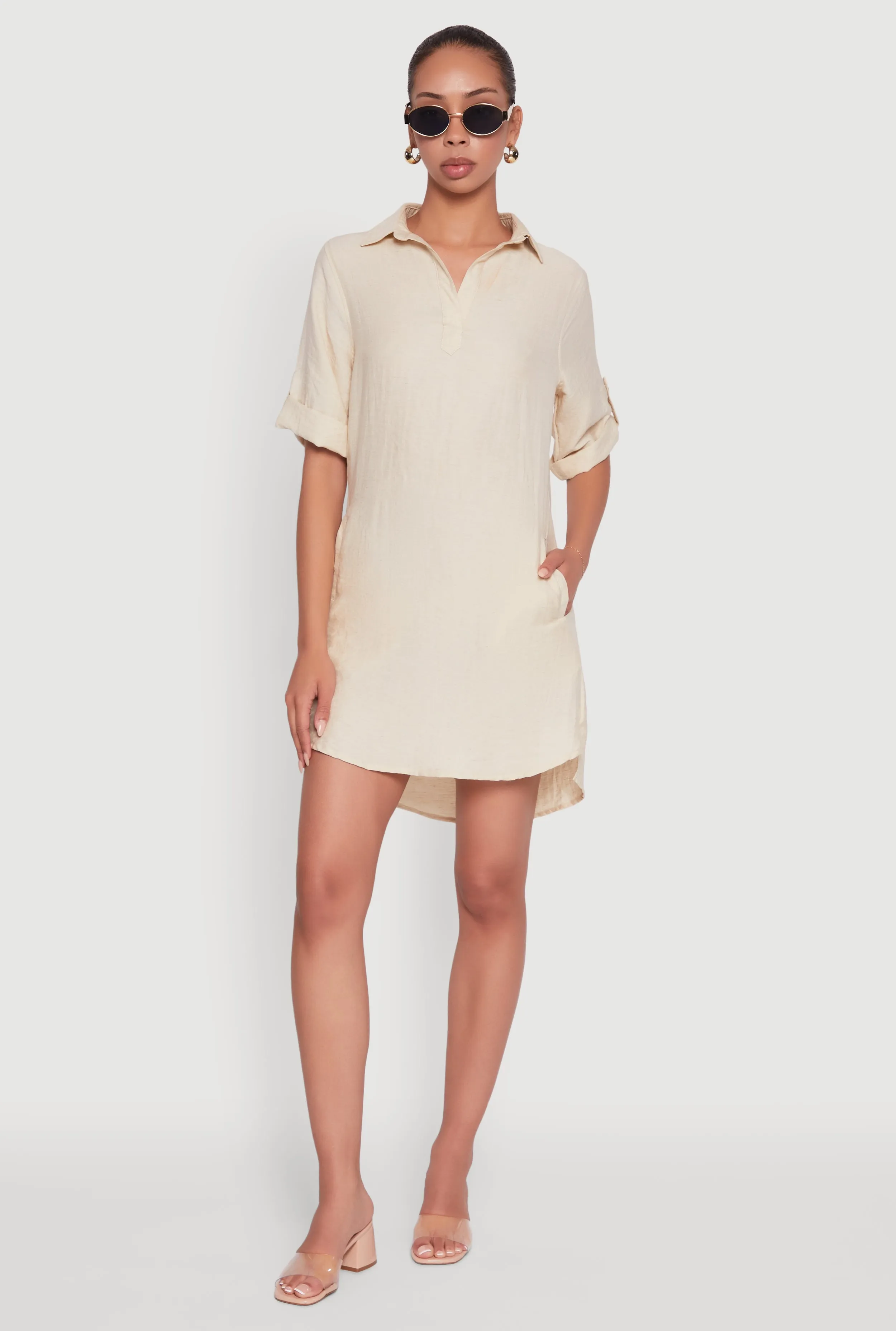 Trendy Linen Shirt Dress with Short Sleeves and Collared Neck sold by Rainbow