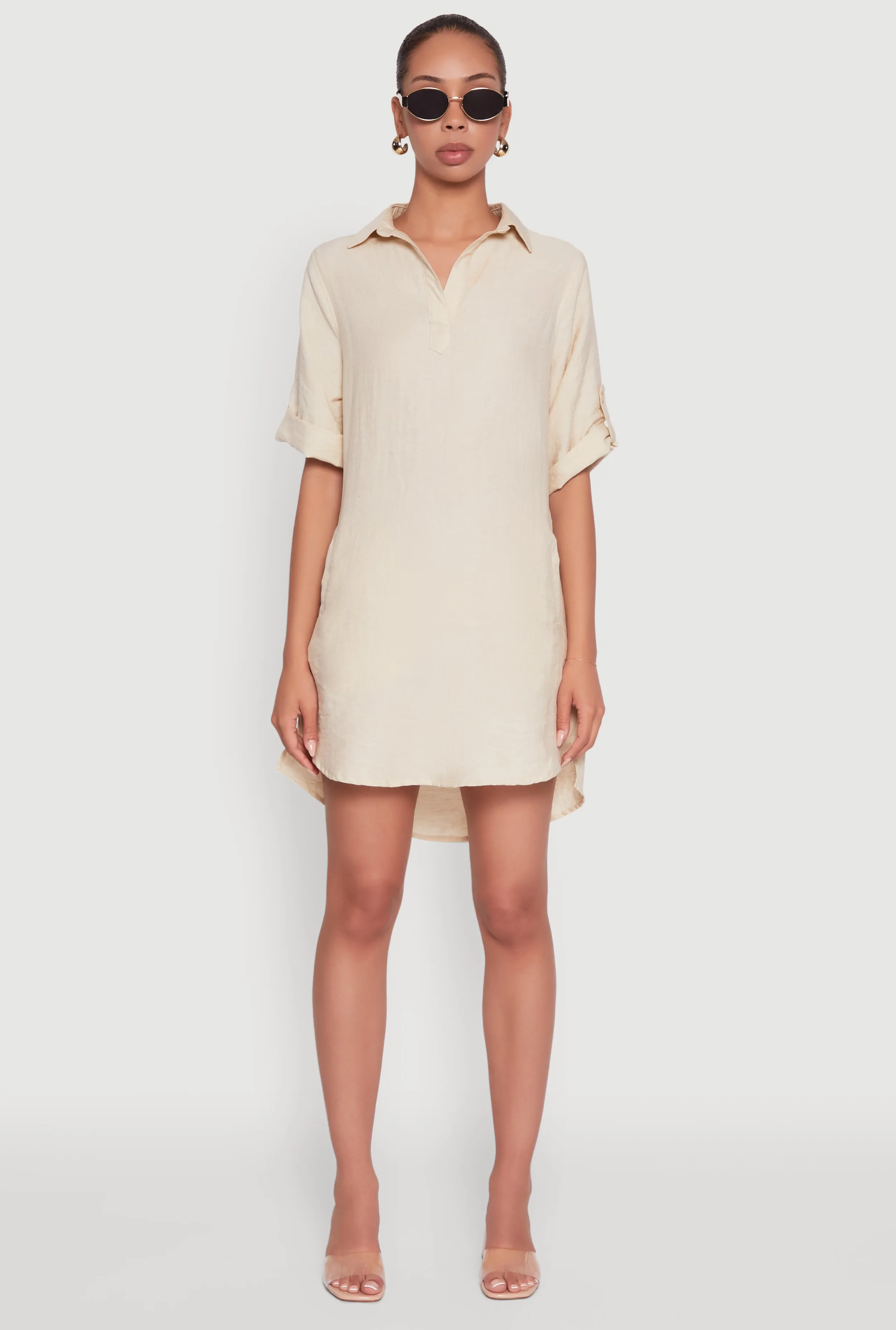 Trendy Linen Shirt Dress with Short Sleeves and Collared Neck sold by Rainbow product image thumbnail 2