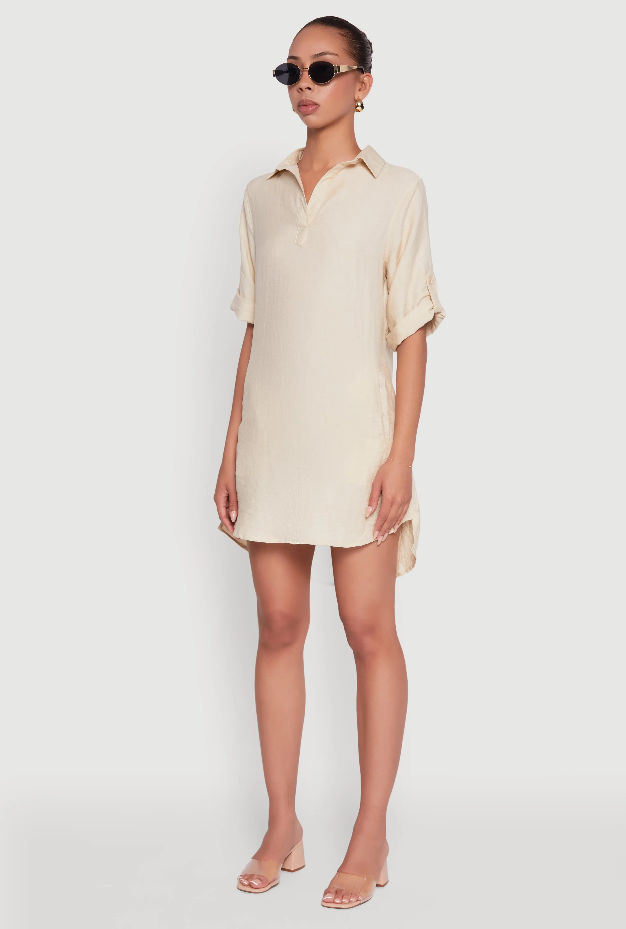 Trendy Linen Shirt Dress with Short Sleeves and Collared Neck sold by Rainbow product image thumbnail 3