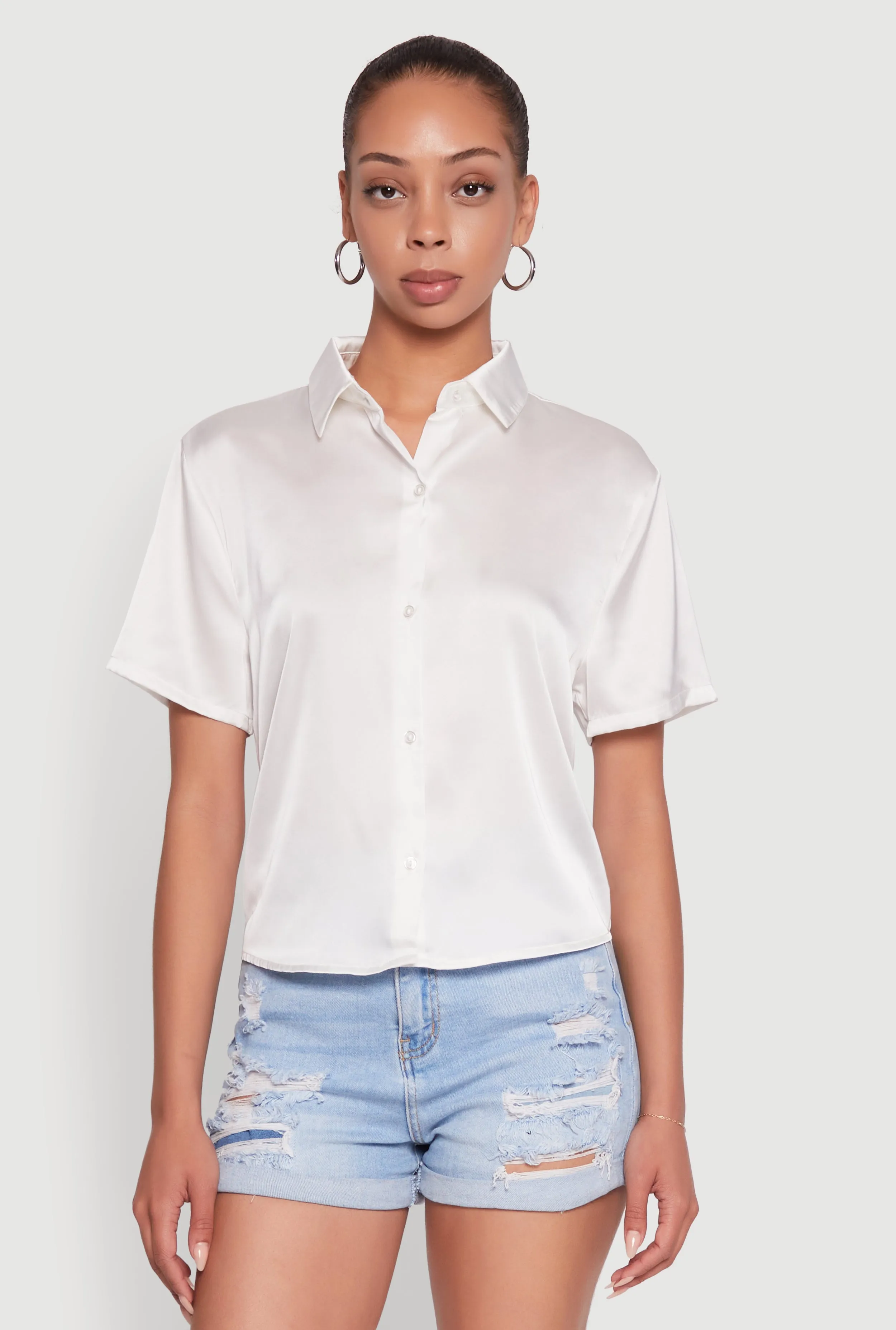 Satin Button Front Cropped Boxy Top sold by Rainbow product image thumbnail 2