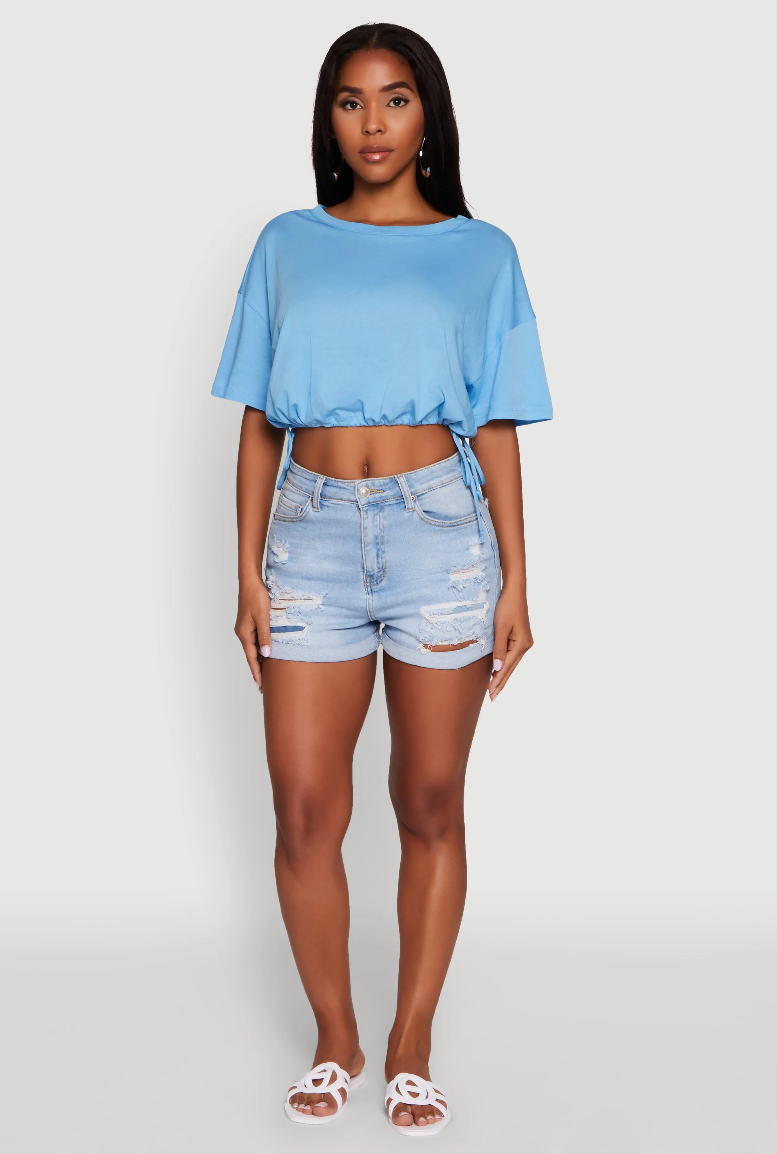 Cropped Drawstring Hem Short Sleeve Crew Neck Top sold by Rainbow