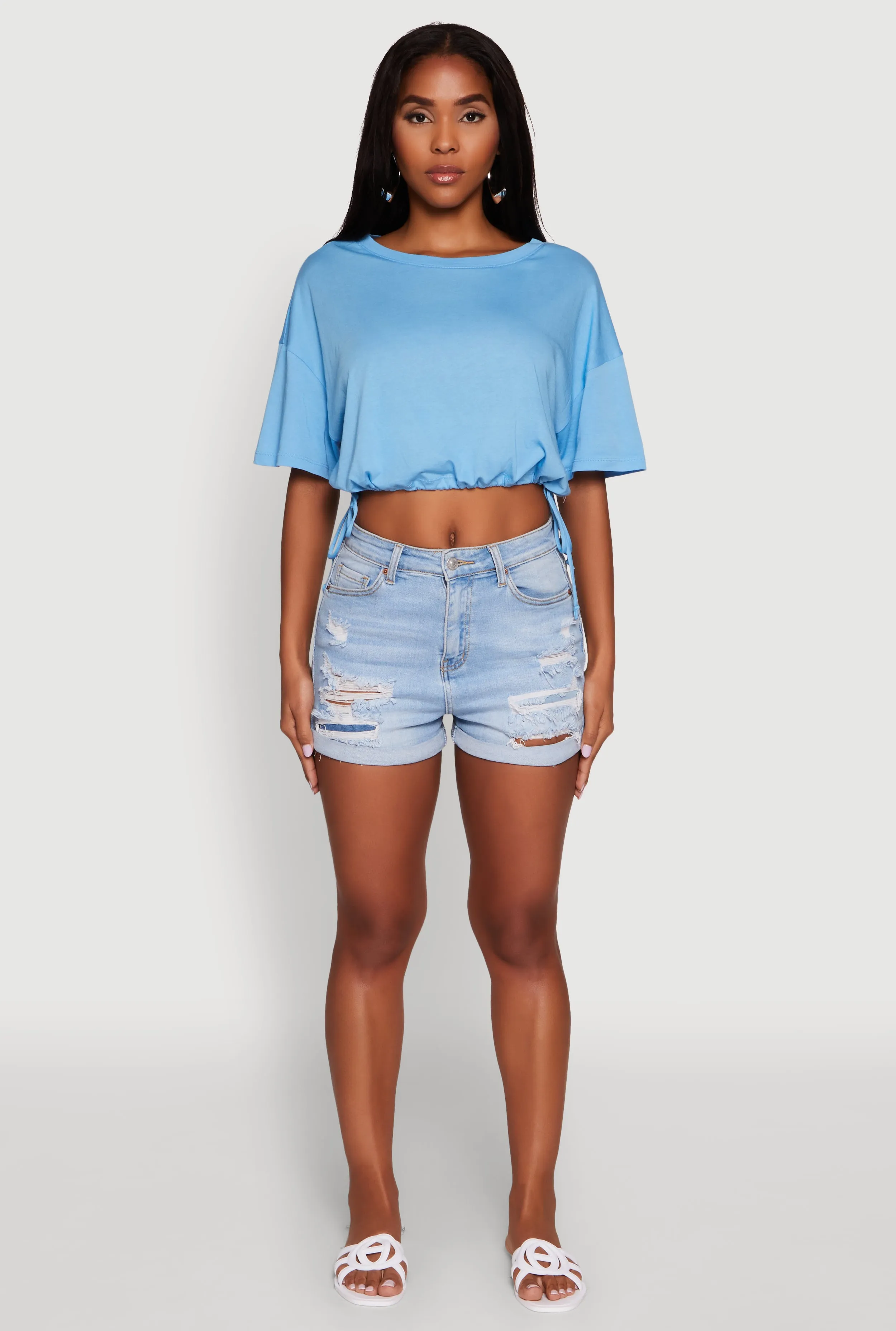 Cropped Drawstring Hem Short Sleeve Crew Neck Top sold by Rainbow product image thumbnail 3