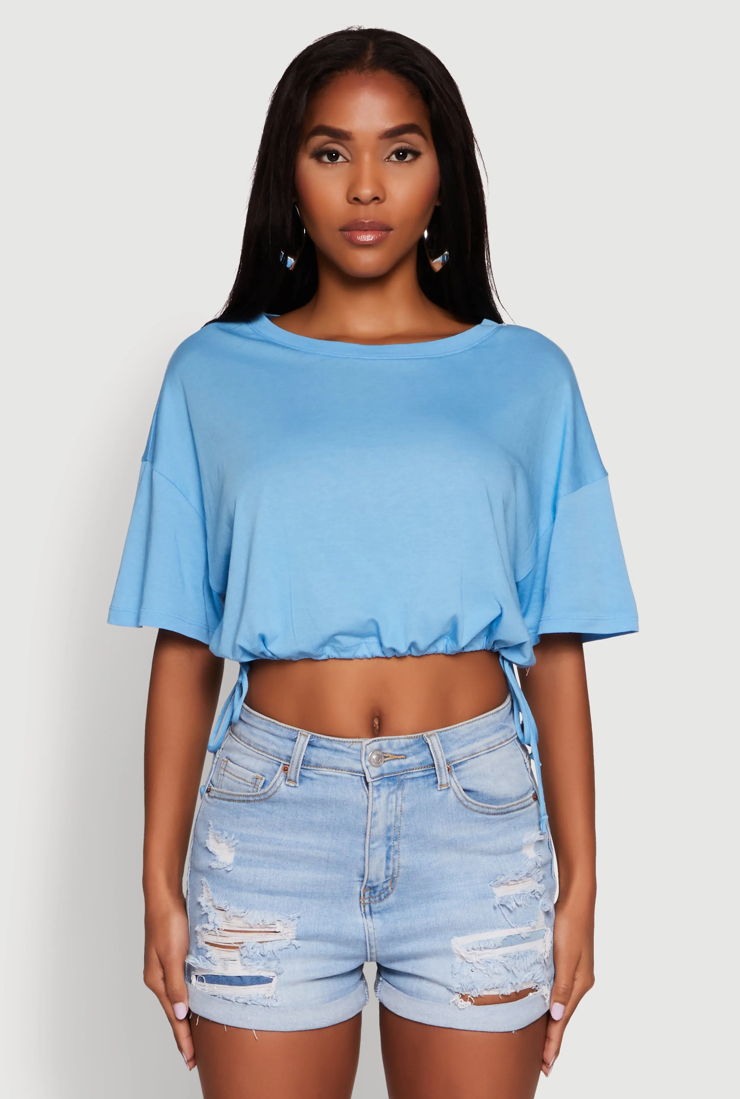 Cropped Drawstring Hem Short Sleeve Crew Neck Top sold by Rainbow product image thumbnail 2