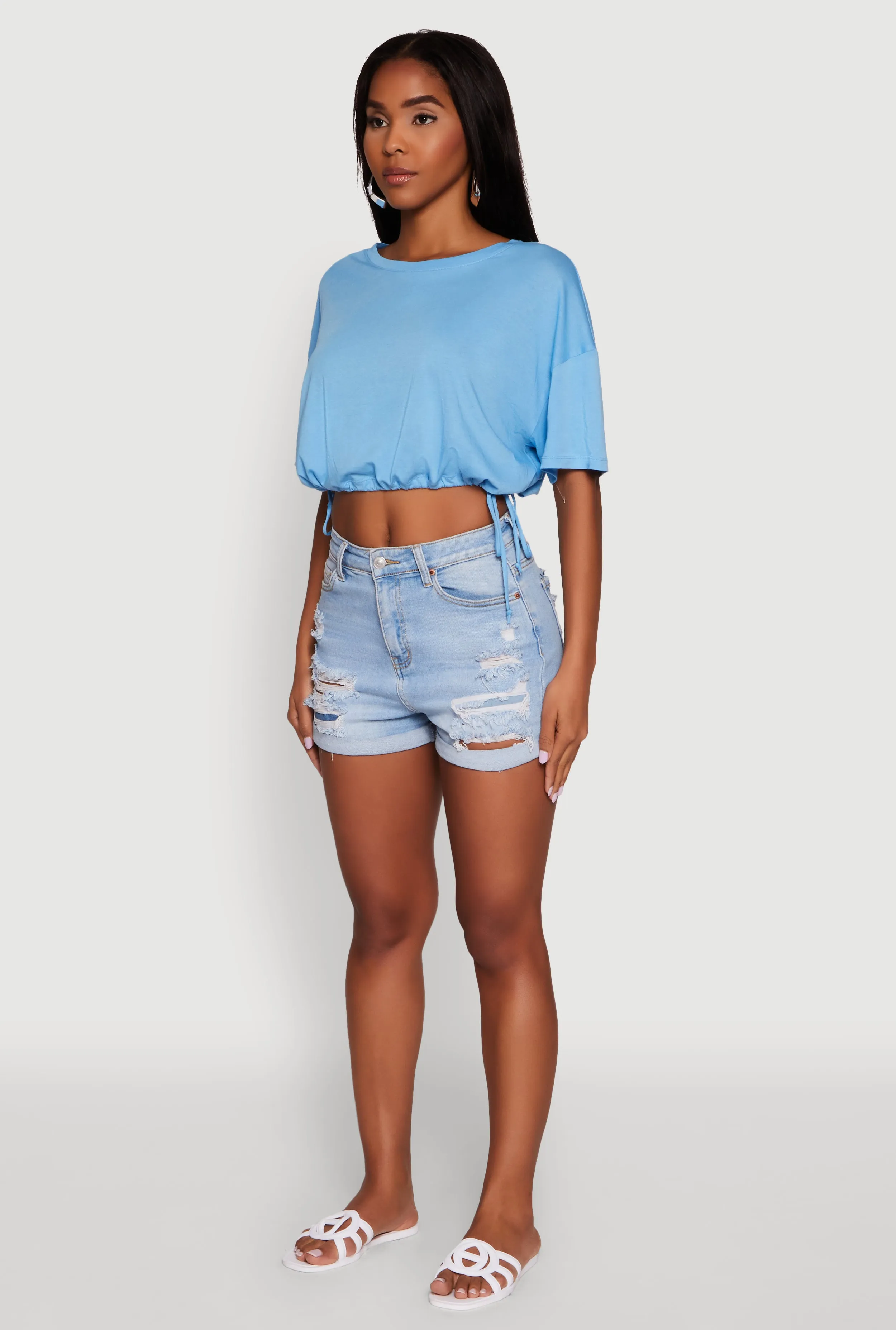 Cropped Drawstring Hem Short Sleeve Crew Neck Top sold by Rainbow product image thumbnail 5