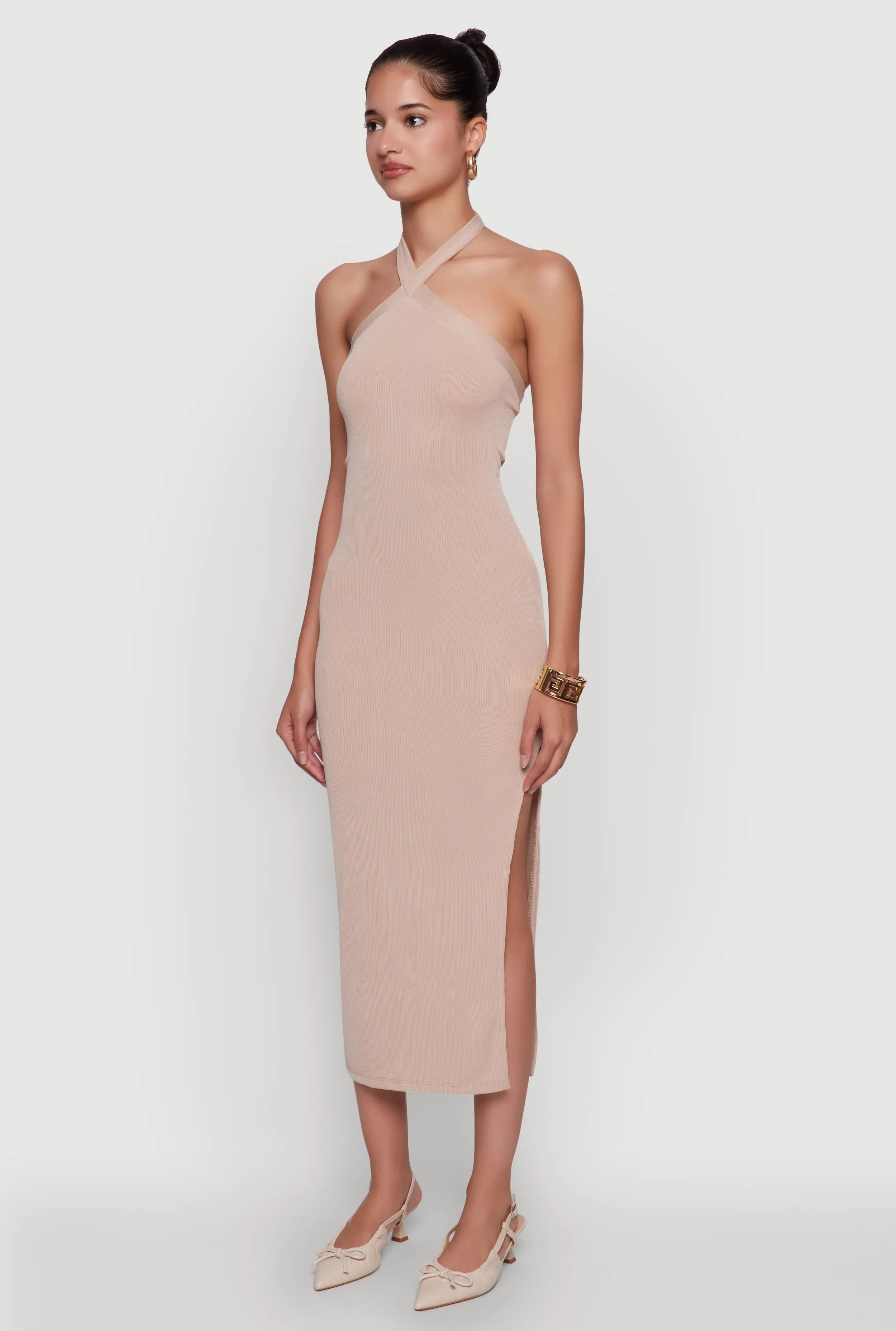 Ribbed Knit Bodycon Halter Dress with Side Slit sold by Rainbow product image thumbnail 3