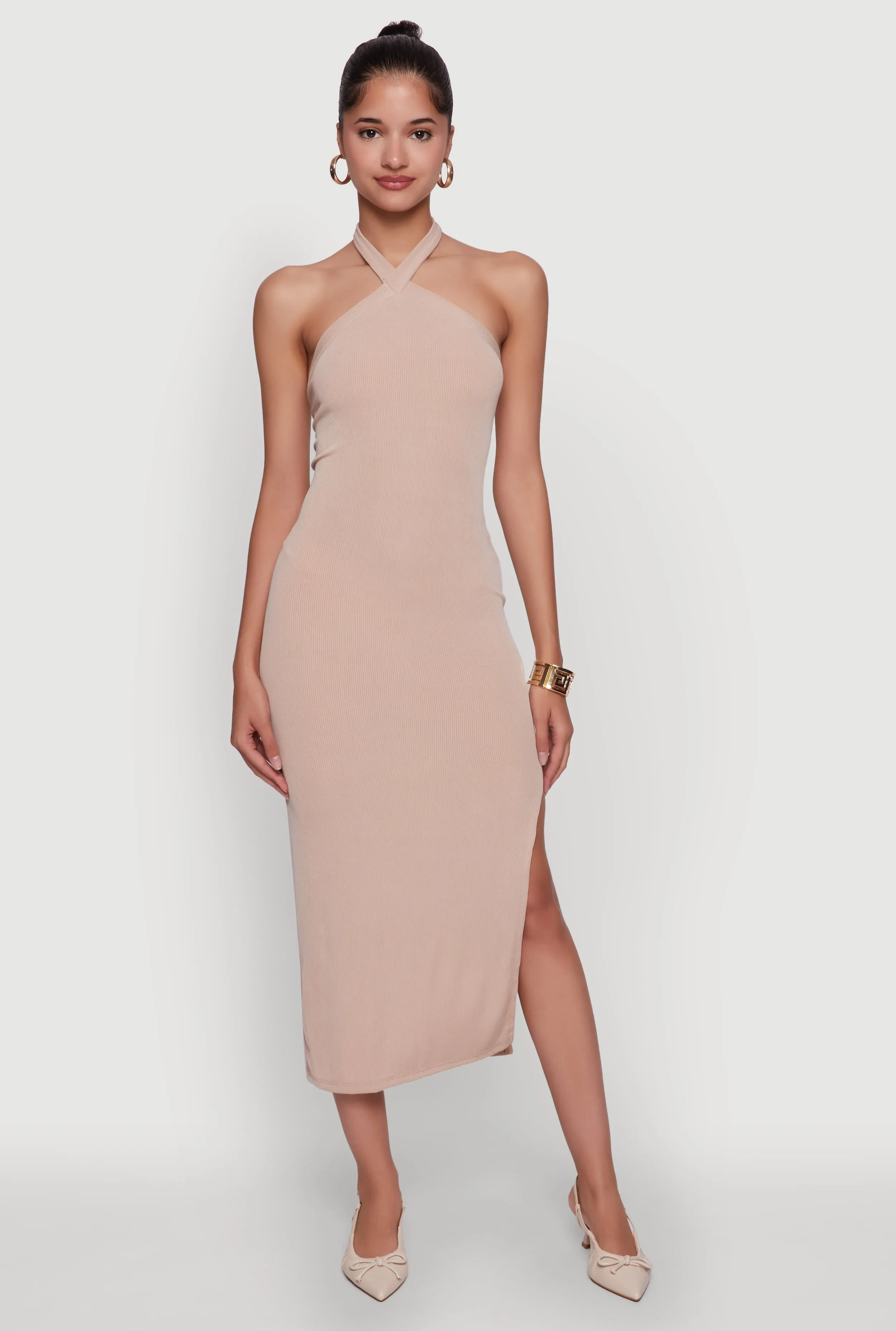 Ribbed Knit Bodycon Halter Dress with Side Slit sold by Rainbow product image thumbnail 2