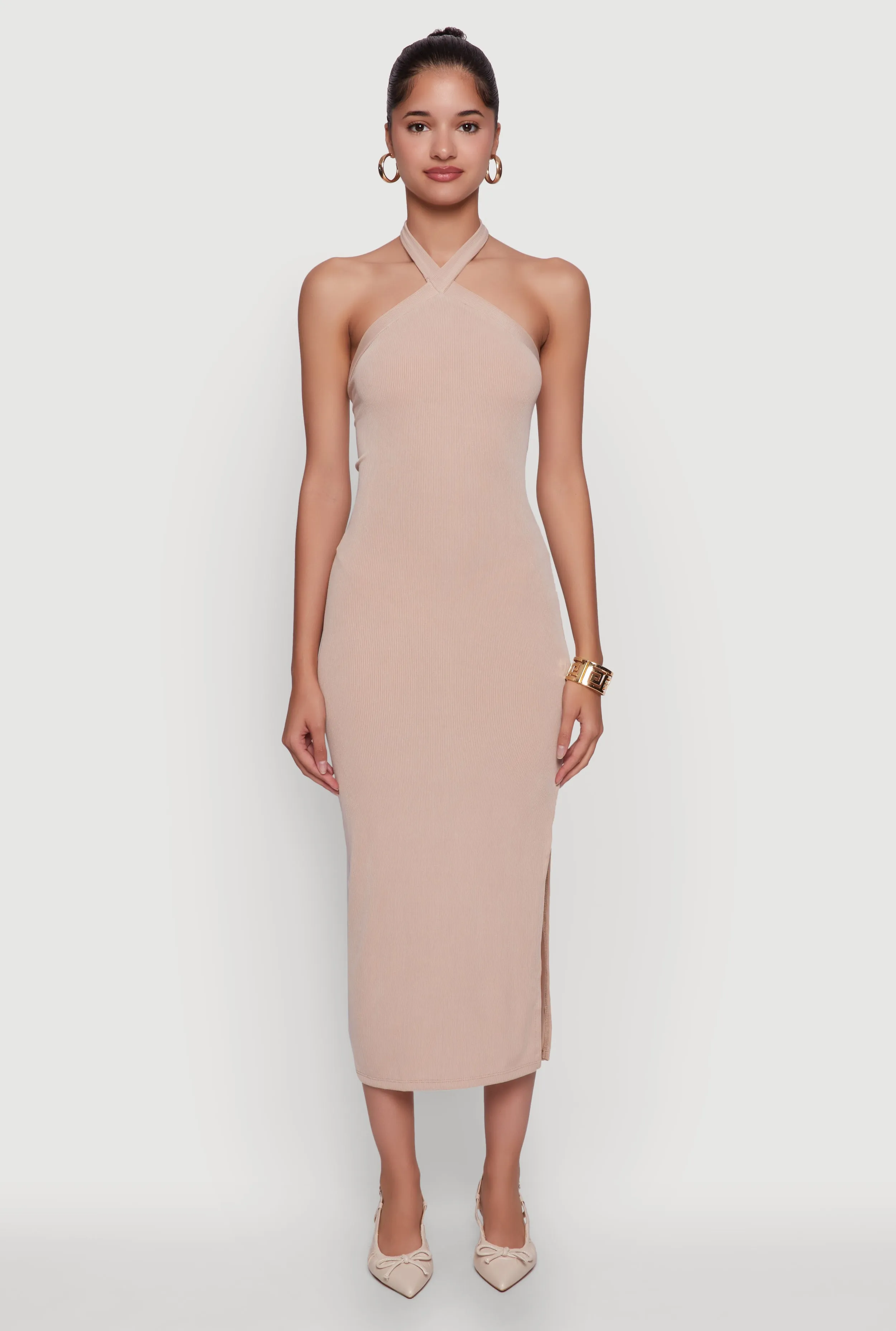 Ribbed Knit Bodycon Halter Dress with Side Slit sold by Rainbow
