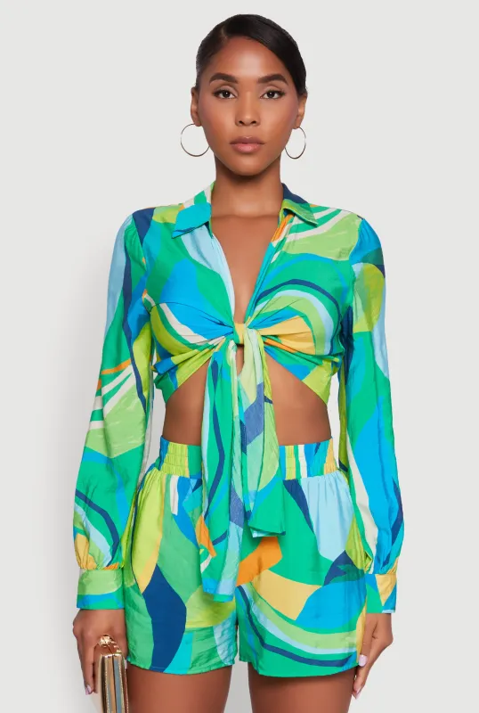 Stylish Crepe Knit Geometric Print Tie Front Crop Top sold by Rainbow