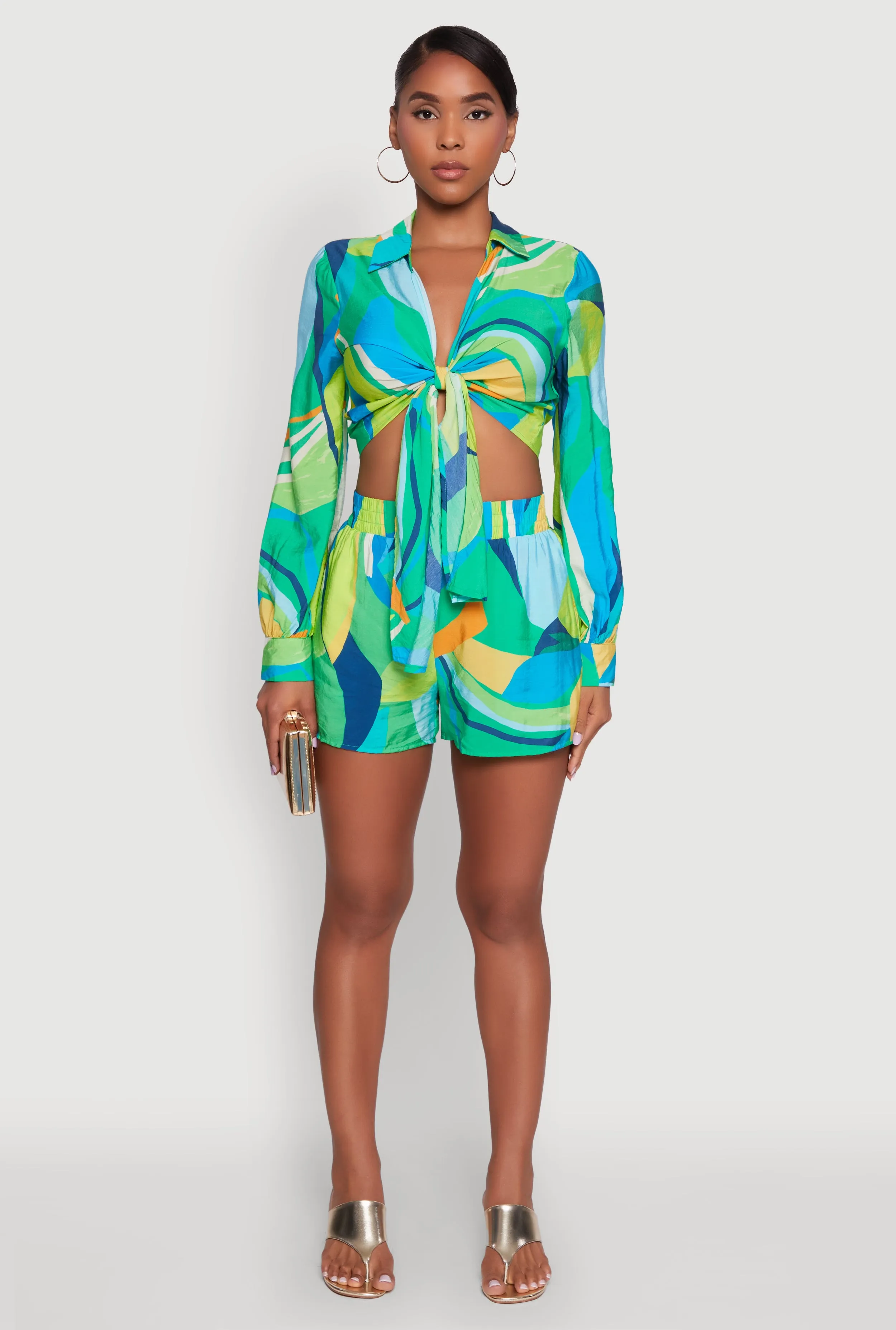 Stylish Crepe Knit Geometric Print Tie Front Crop Top sold by Rainbow product image thumbnail 3