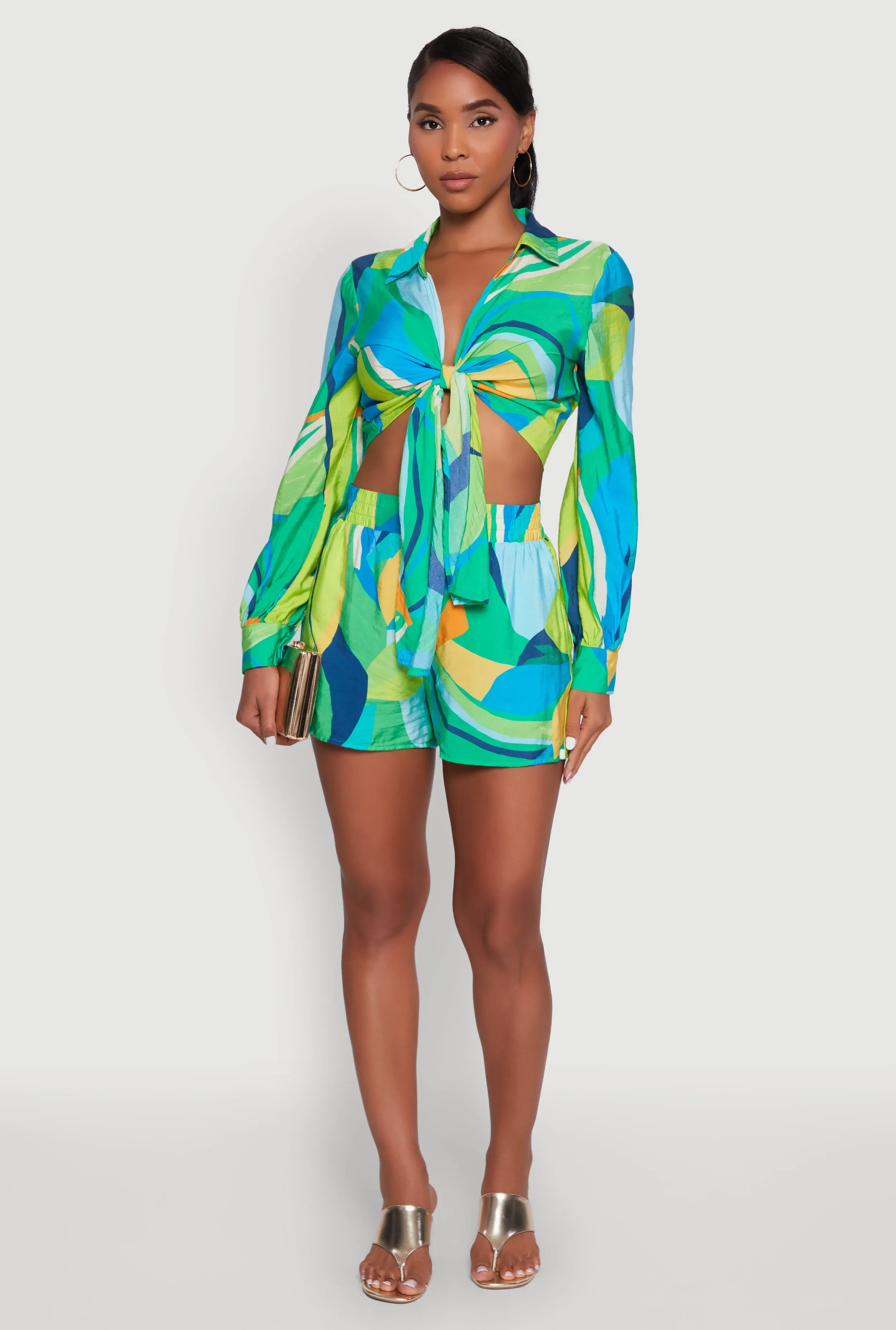 Stylish Crepe Knit Geometric Print Tie Front Crop Top sold by Rainbow product image thumbnail 2