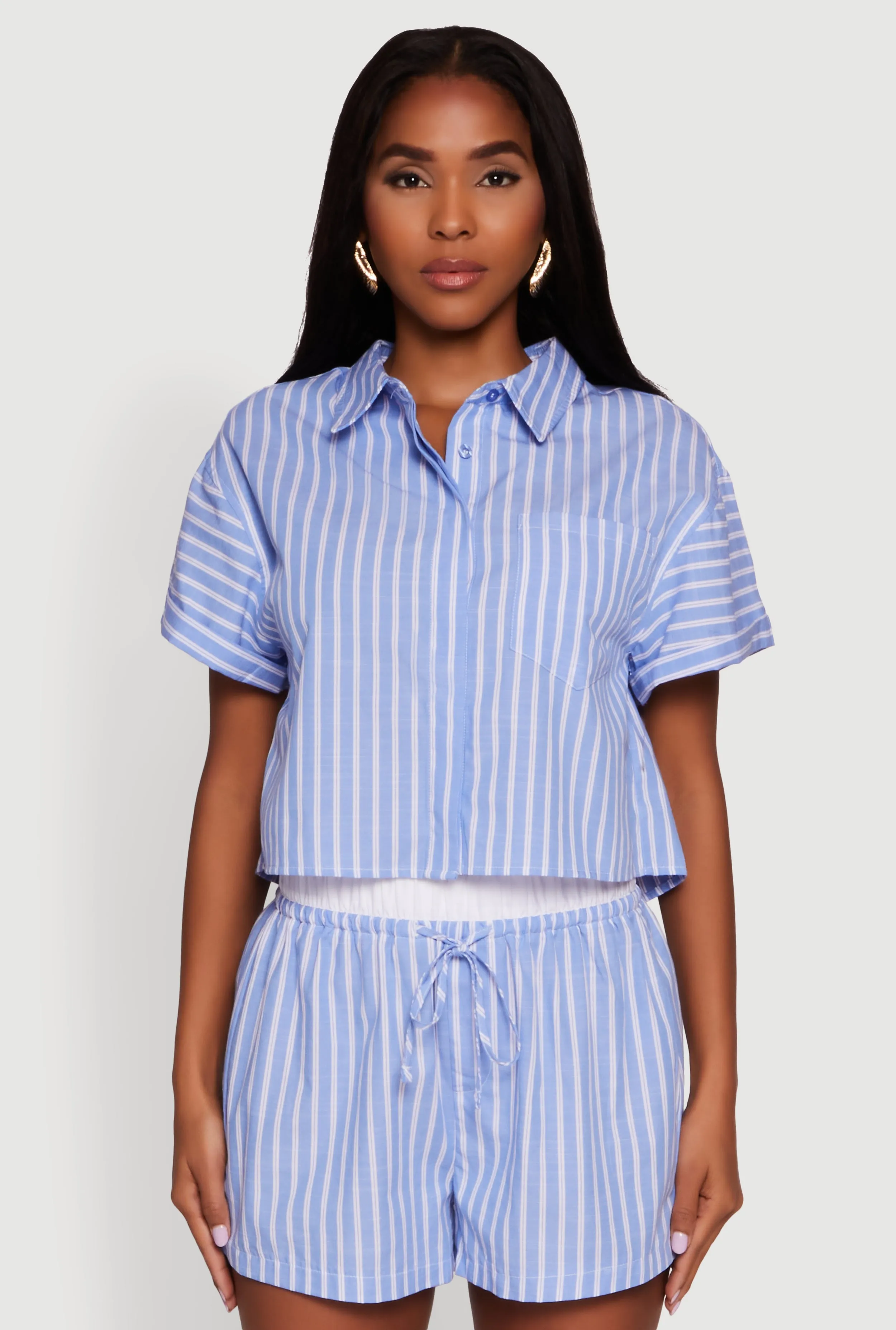 Iris Striped Boxy Button Front Cropped Shirt sold by Rainbow