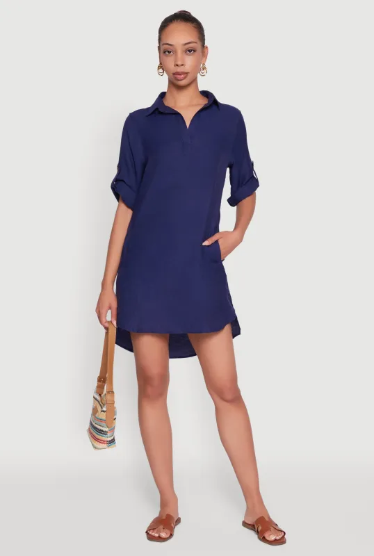 Trendy Linen Shirt Dress with Short Sleeves and Collared Neck sold by Rainbow