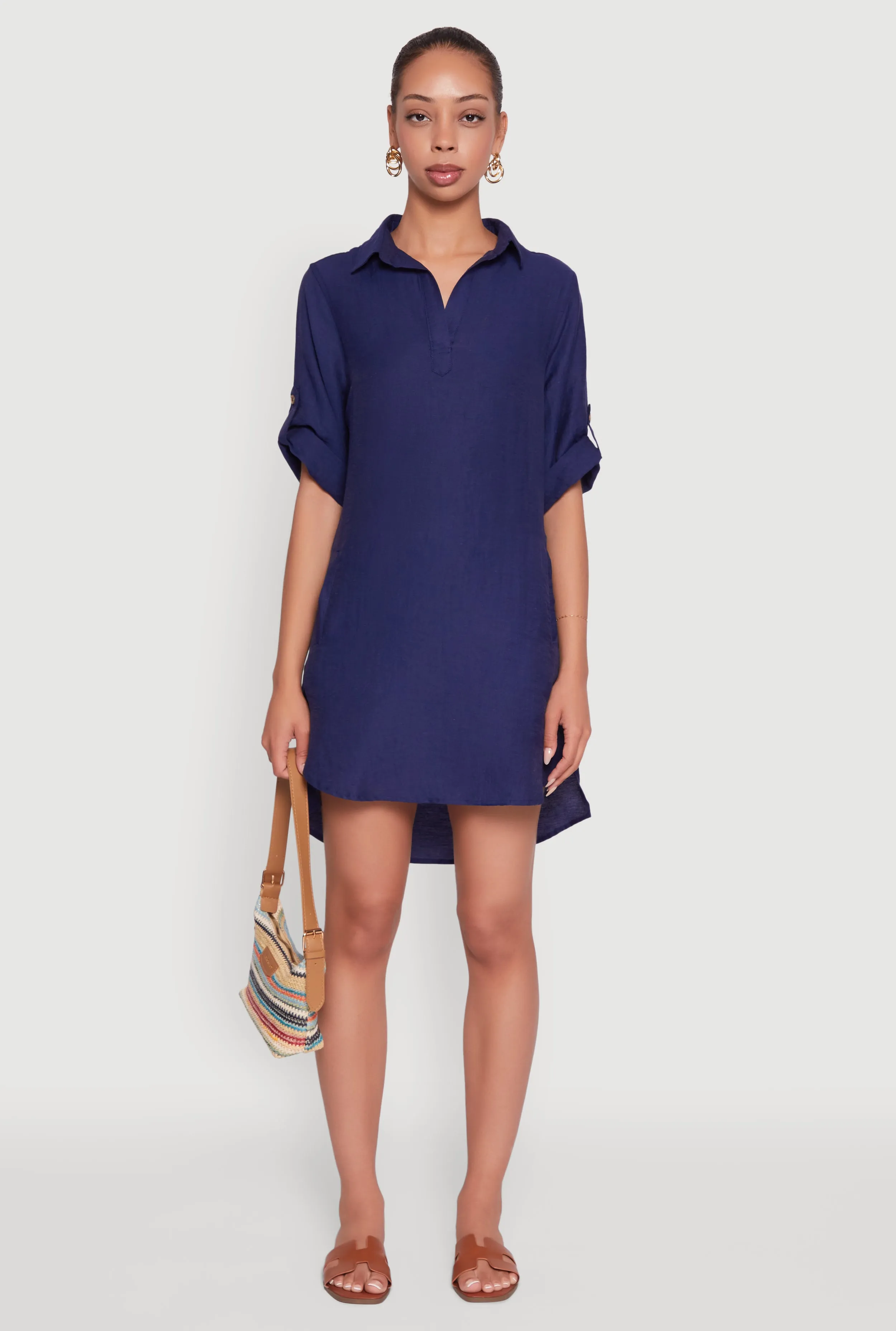 Trendy Linen Shirt Dress with Short Sleeves and Collared Neck sold by Rainbow product image thumbnail 2