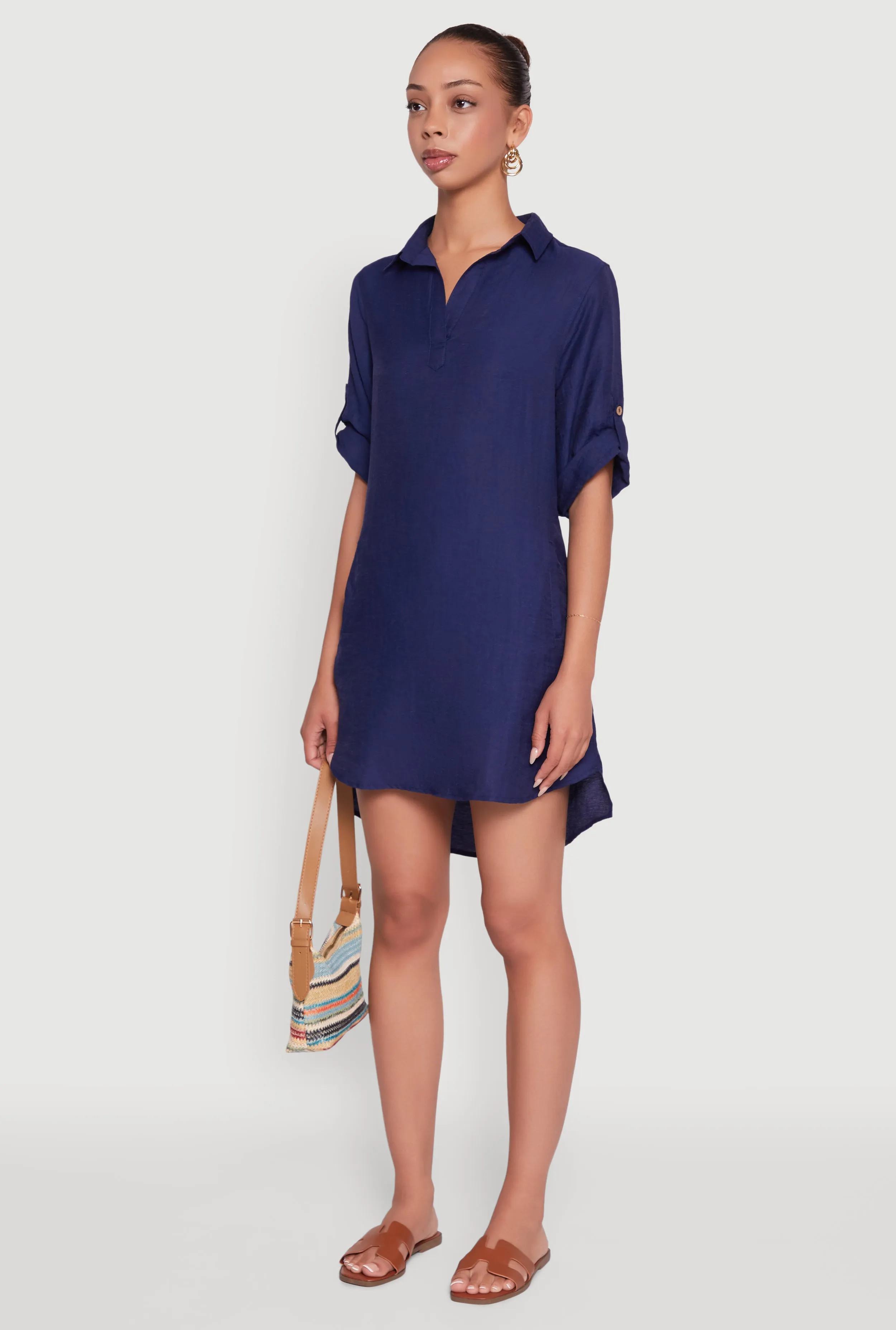Trendy Linen Shirt Dress with Short Sleeves and Collared Neck sold by Rainbow product image thumbnail 3