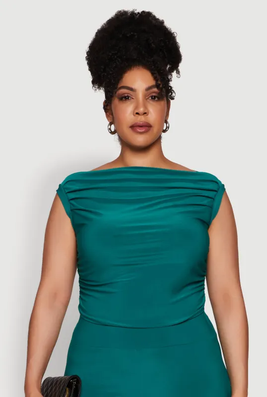 Plus Size Chic Sleeveless Boat Neck Top with Ruching and Cropped Hem sold by Rainbow