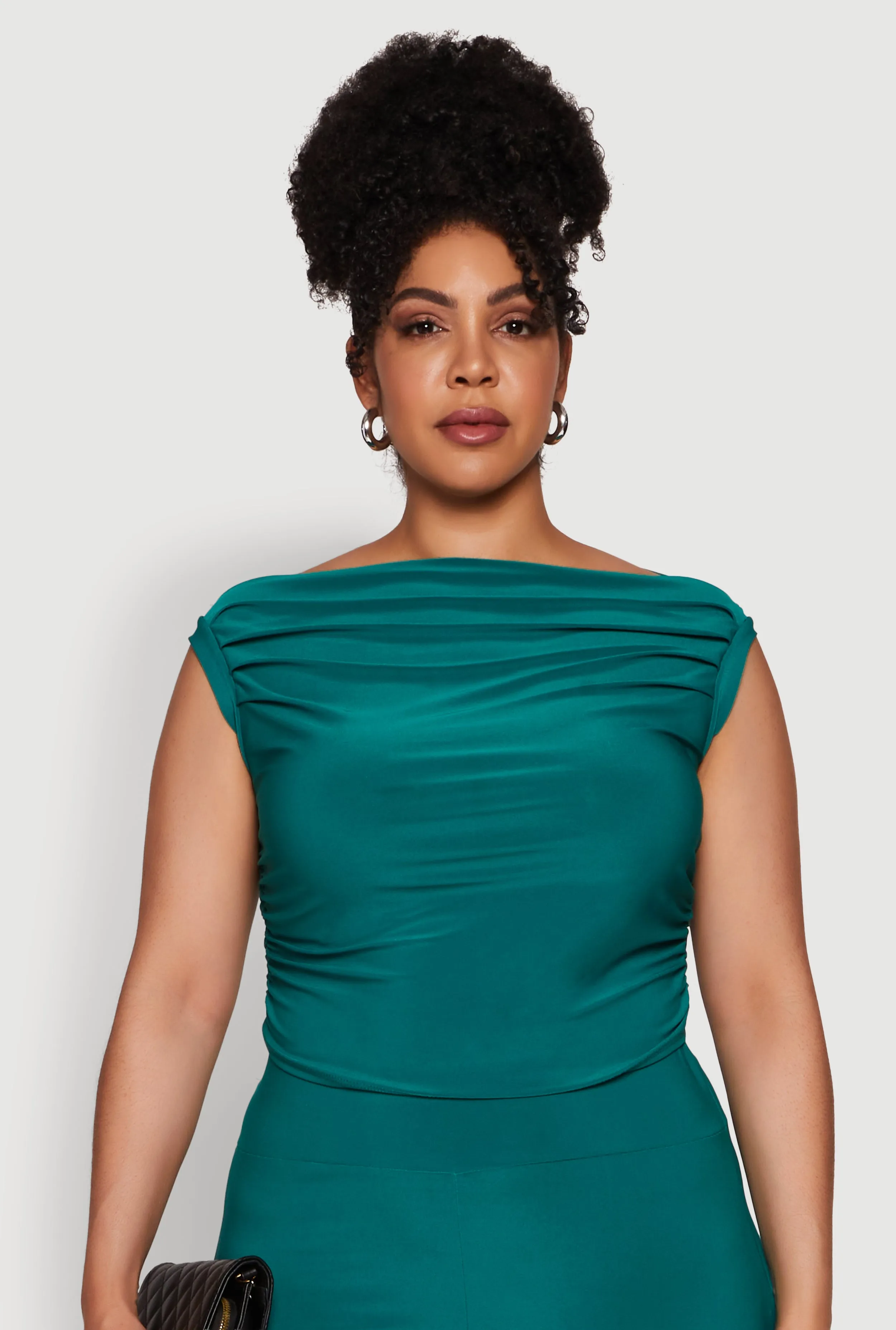 Plus Size Chic Sleeveless Boat Neck Top with Ruching and Cropped Hem sold by Rainbow