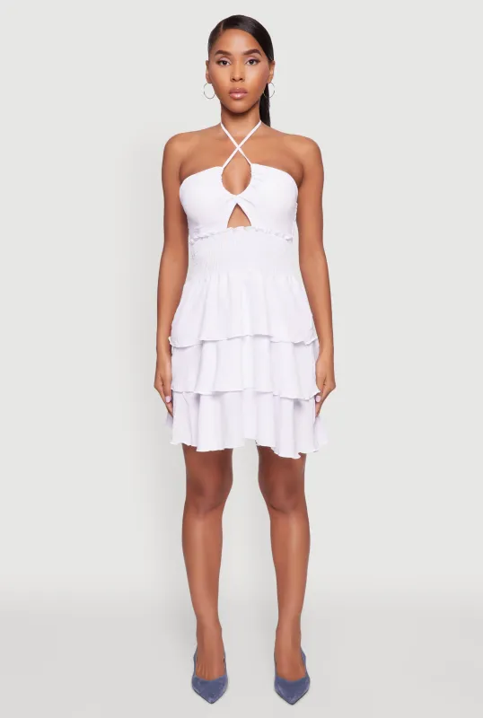 Spoon Jeans Ruffle Tiered Smocked Halter Dress sold by Rainbow