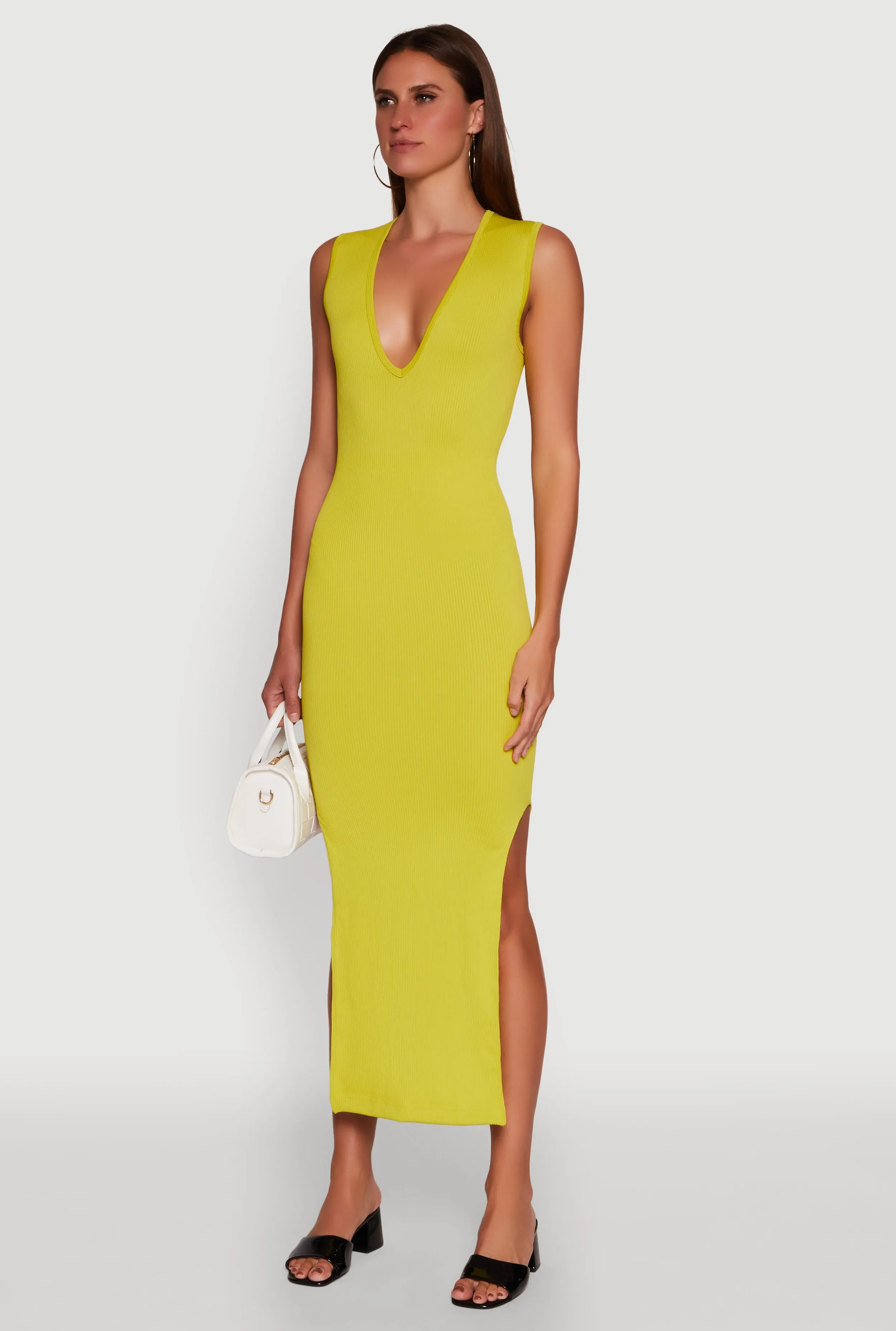 Trendy Rib Knit Plunge Neck Side Slit Maxi Dress sold by Rainbow product image thumbnail 3