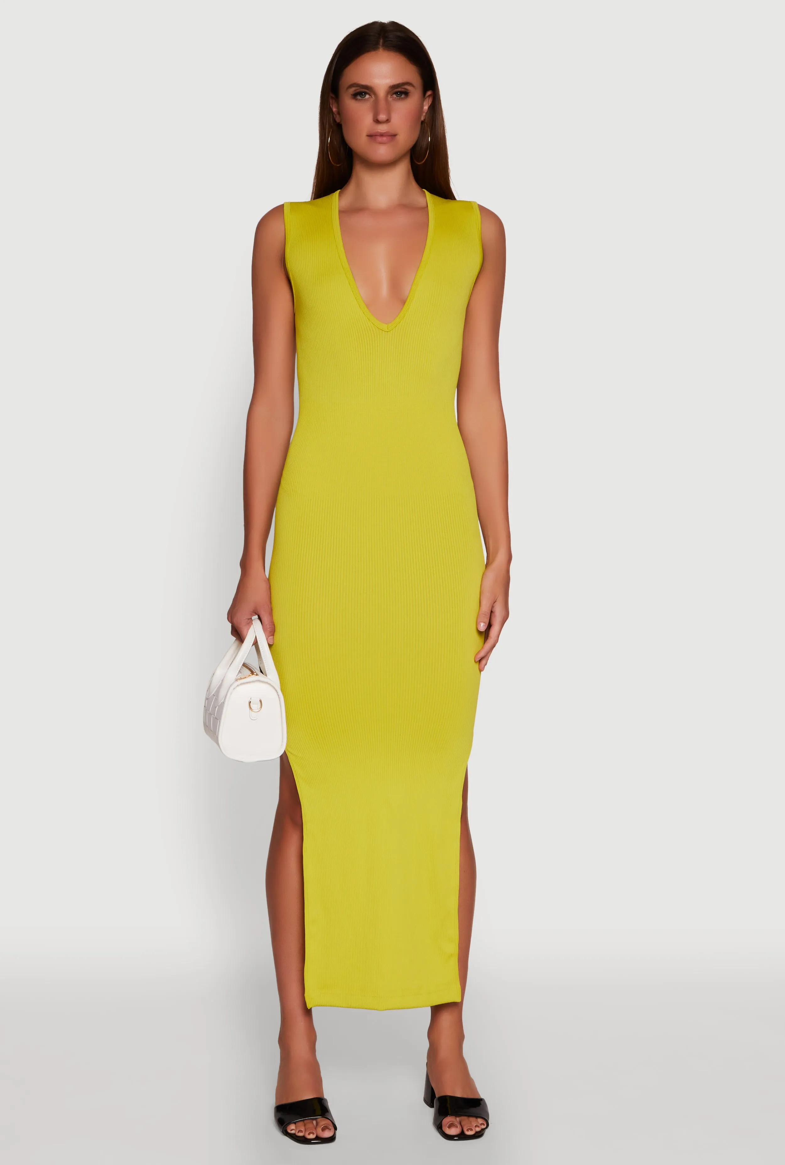 Trendy Rib Knit Plunge Neck Side Slit Maxi Dress sold by Rainbow product image thumbnail 2