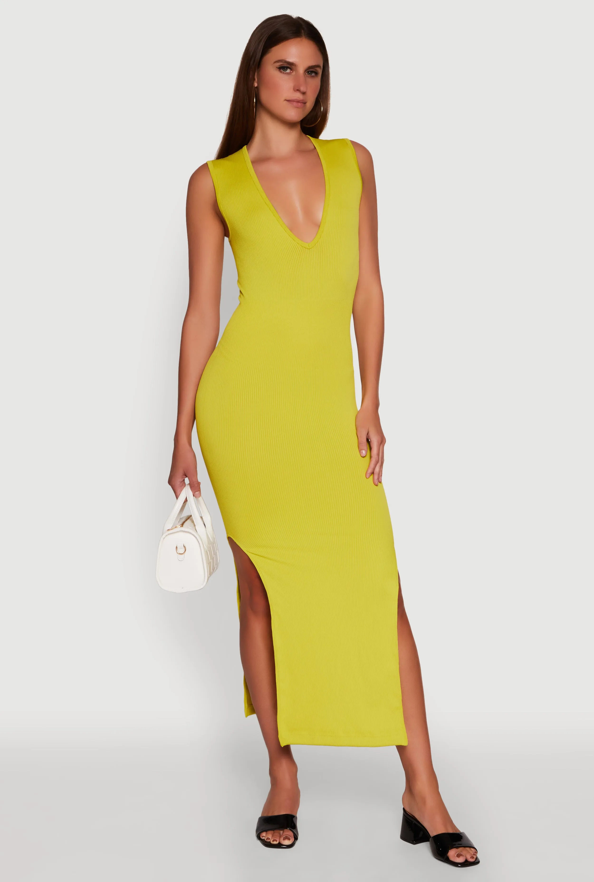 Trendy Rib Knit Plunge Neck Side Slit Maxi Dress sold by Rainbow