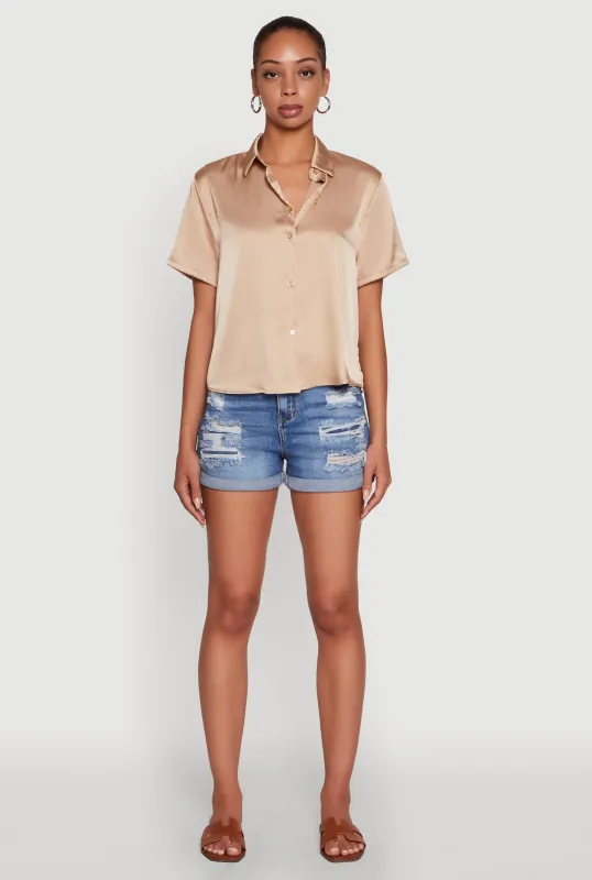 Satin Button Front Cropped Boxy Top sold by Rainbow