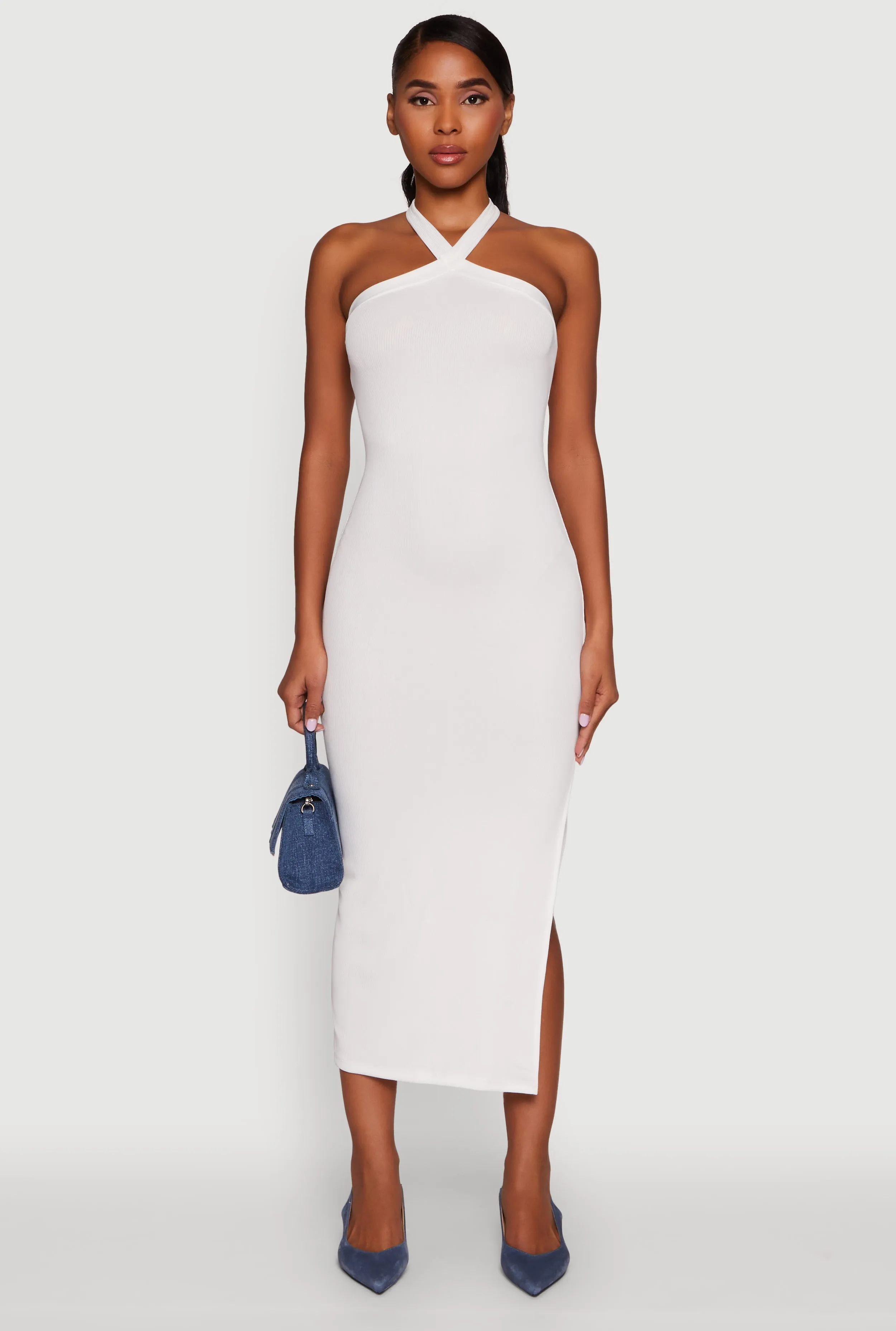 Ribbed Knit Bodycon Halter Dress with Side Slit sold by Rainbow