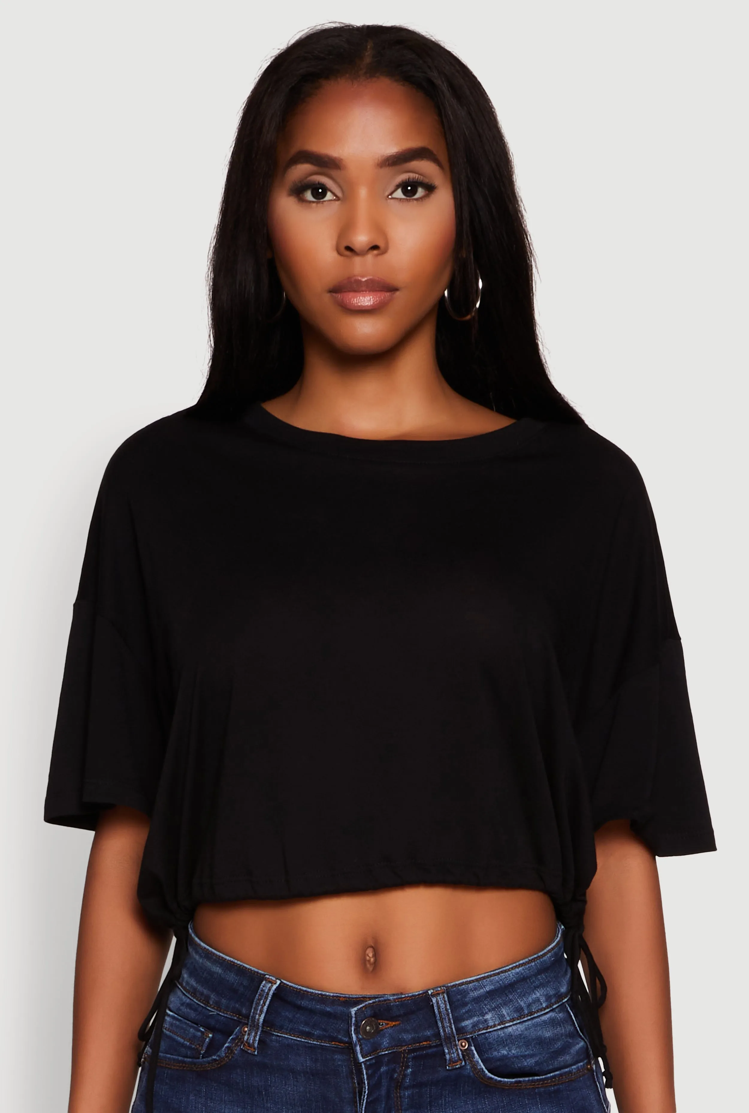 Cropped Drawstring Hem Short Sleeve Crew Neck Top sold by Rainbow product image thumbnail 2