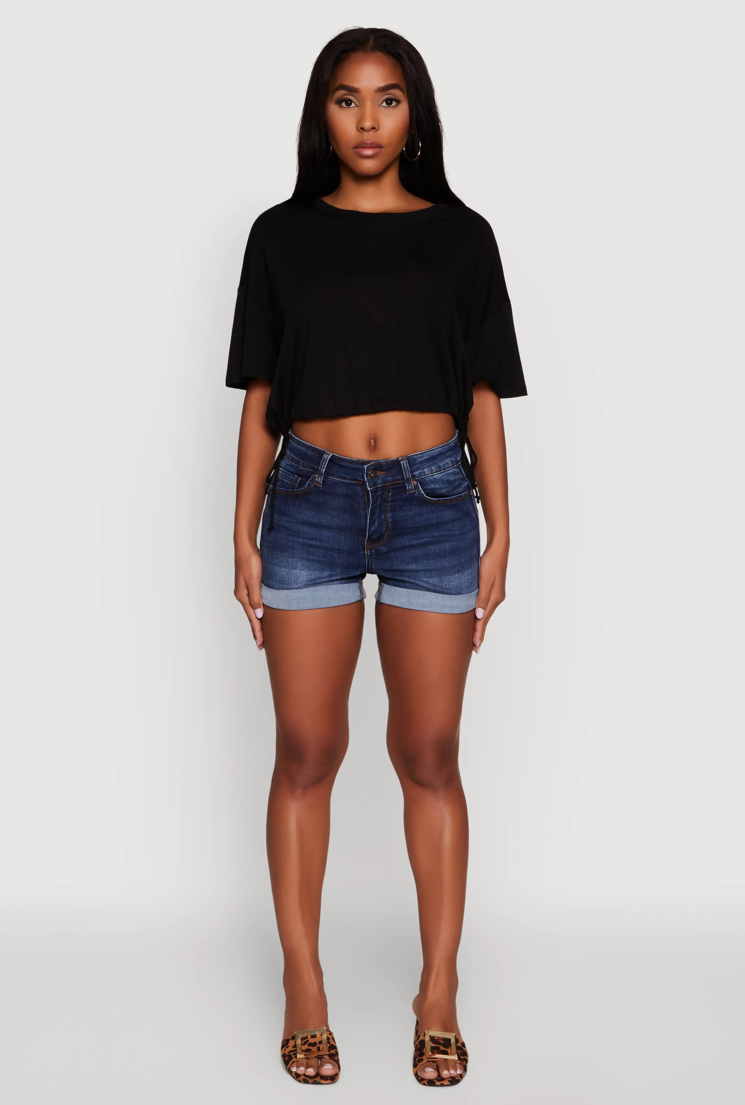 Cropped Drawstring Hem Short Sleeve Crew Neck Top sold by Rainbow
