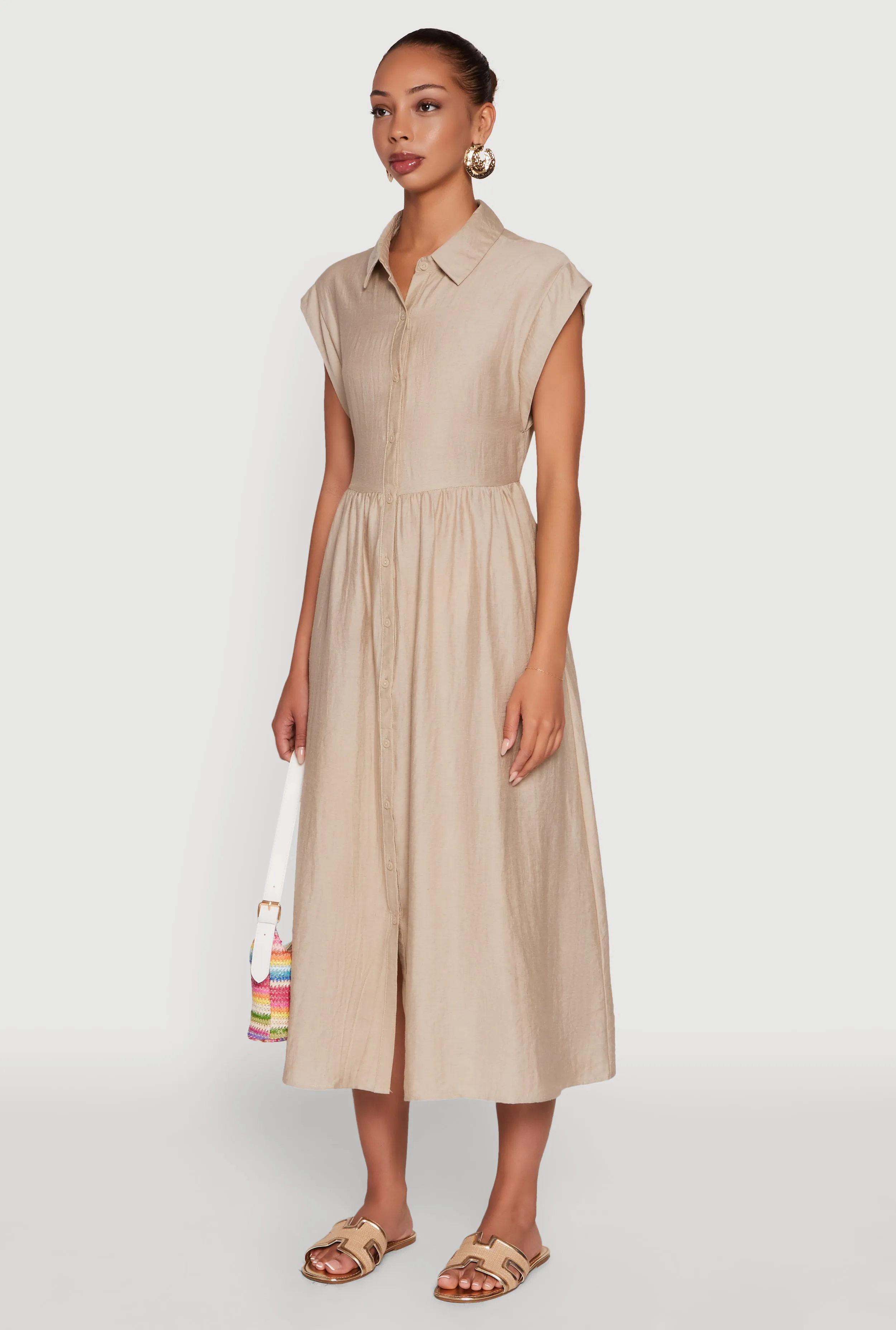 Linen Mid Length Shirt Dress with Cap Sleeves sold by Rainbow product image thumbnail 3