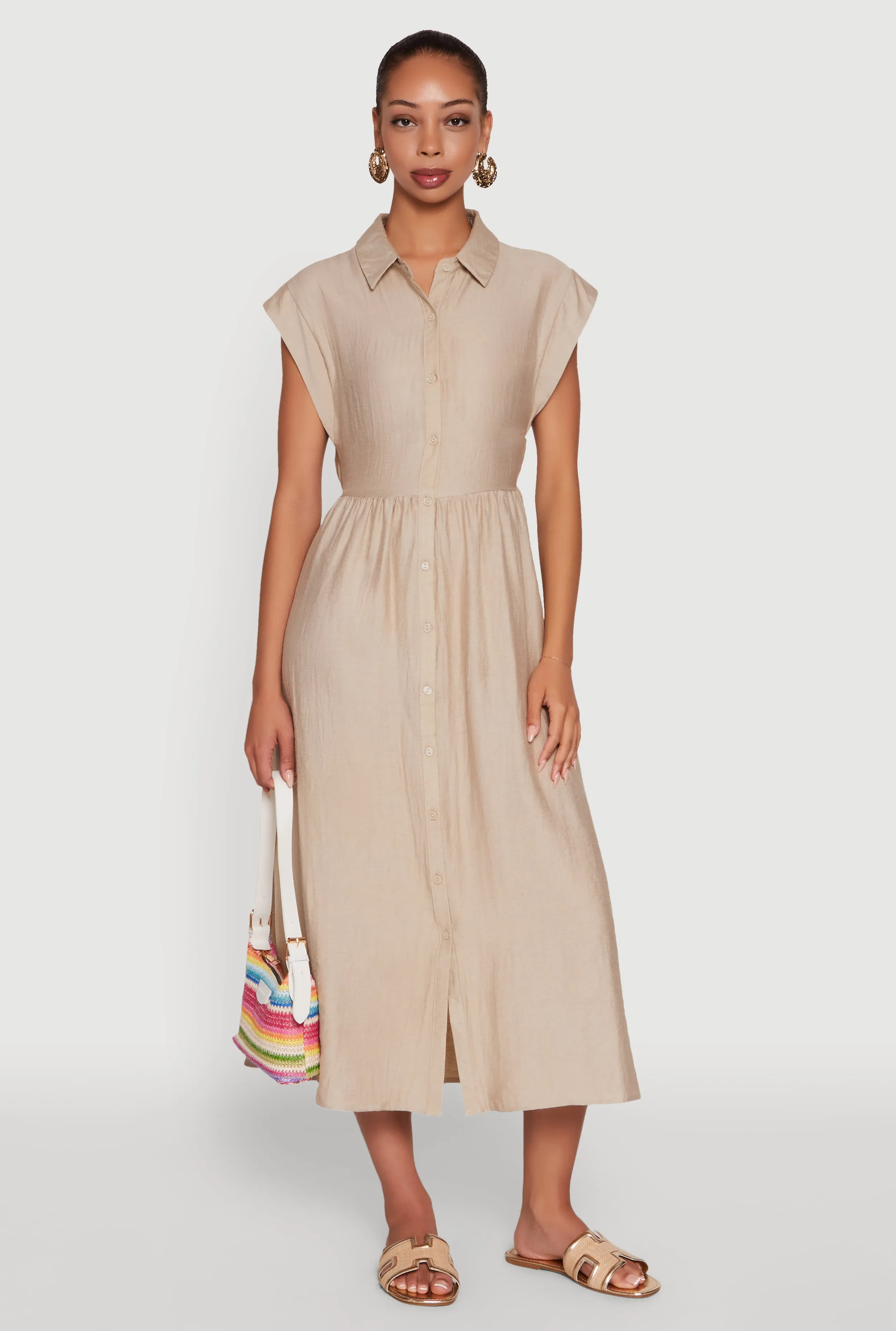 Linen Mid Length Shirt Dress with Cap Sleeves sold by Rainbow product image thumbnail 2