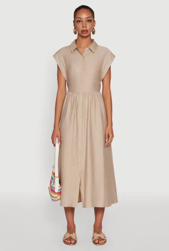 Linen Mid Length Shirt Dress with Cap Sleeves sold by Rainbow