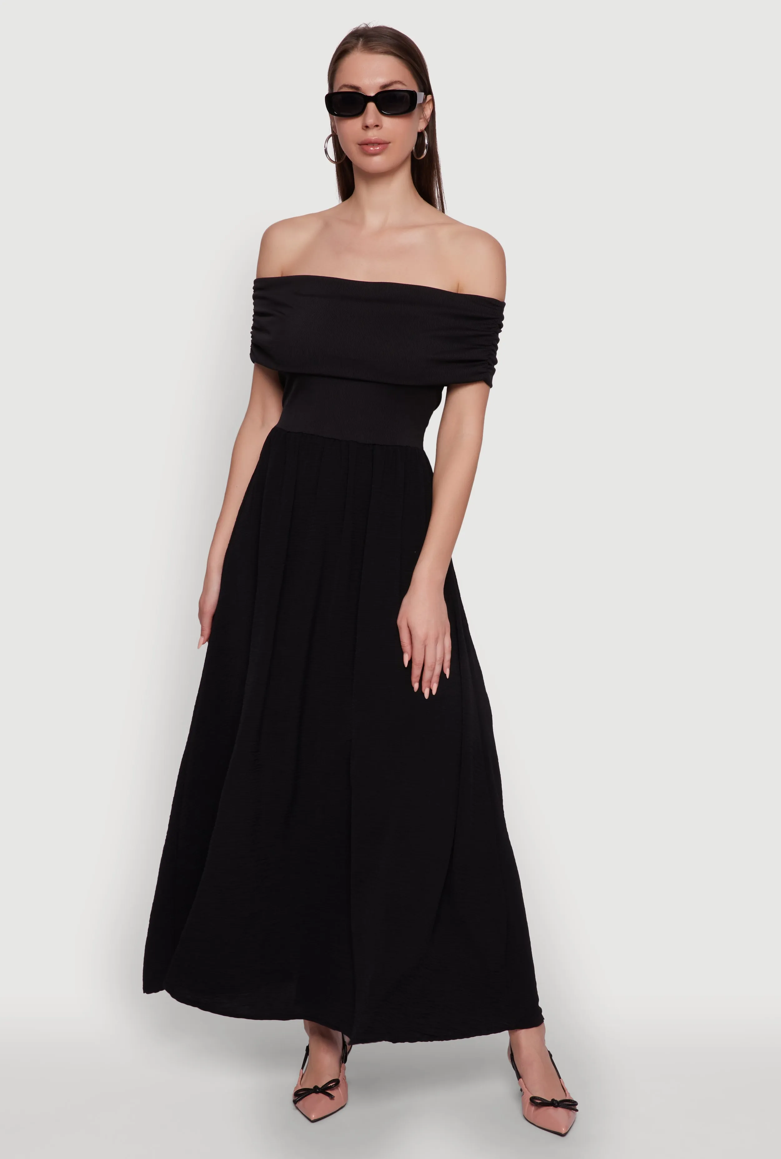 Elegant Crepe Knit Ruched Off The Shoulder Sundress sold by Rainbow