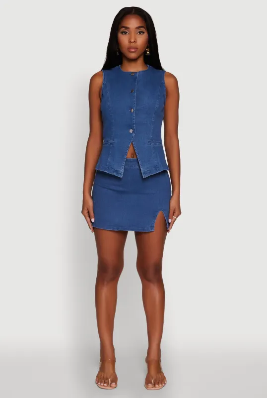 Trendy Denim Mini Skirt with Side Slit sold by Rainbow