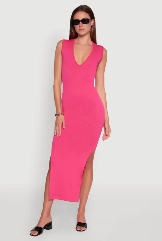 Trendy Rib Knit Plunge Neck Side Slit Maxi Dress sold by Rainbow