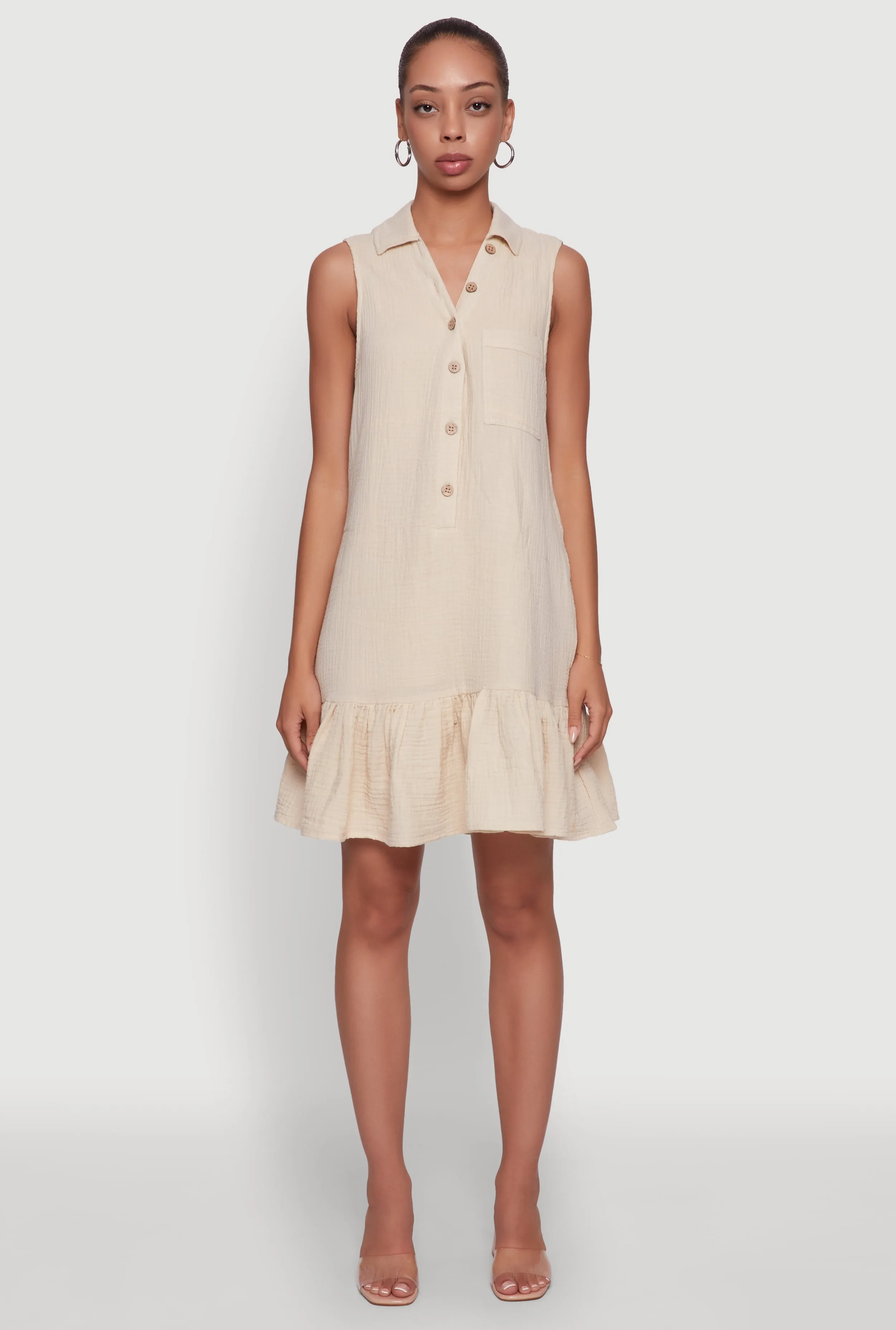 Chic Gauze Knit Button Front Peplum Hem Dress sold by Rainbow