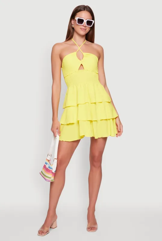 Spoon Jeans Ruffle Tiered Smocked Halter Dress sold by Rainbow