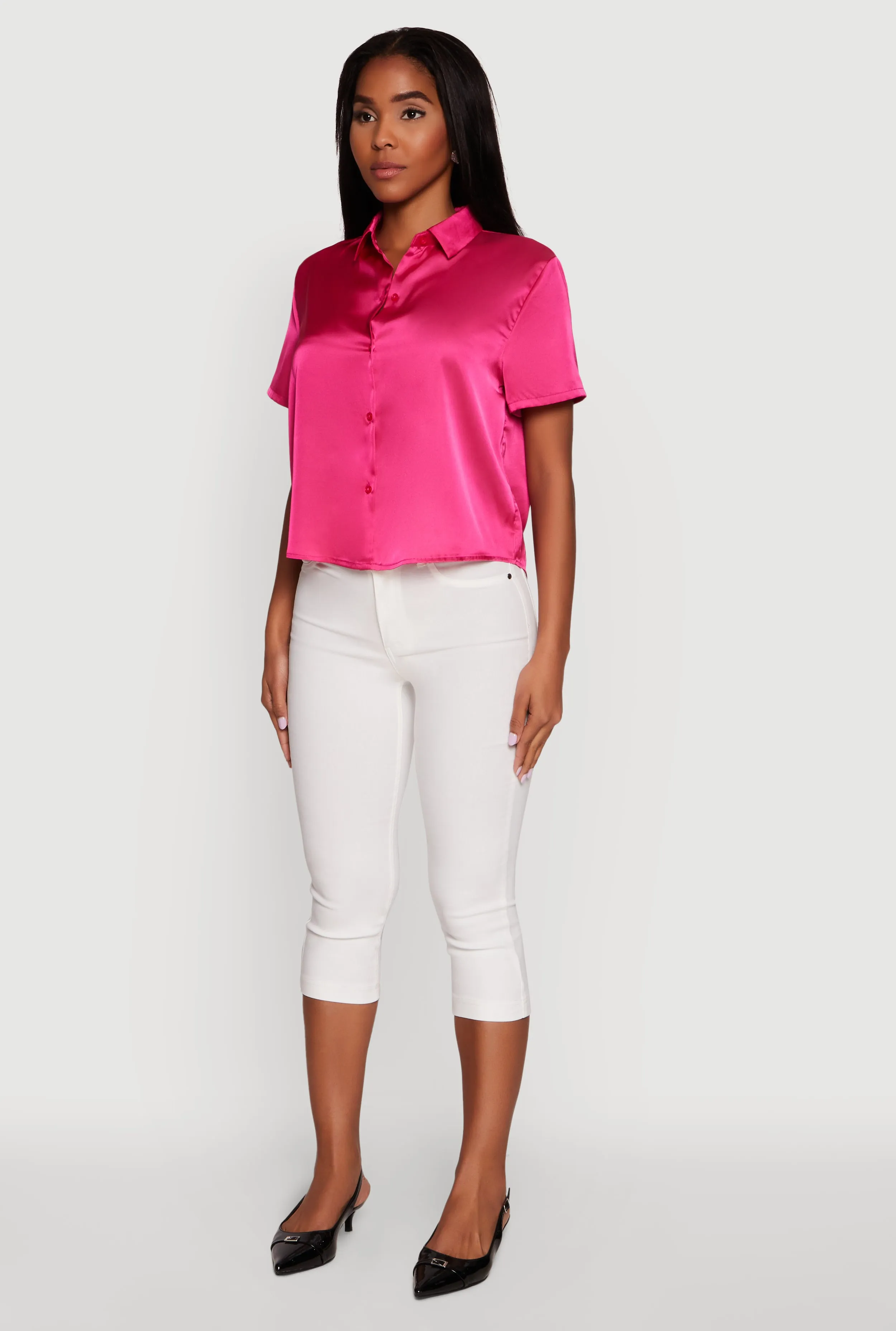 Satin Button Front Cropped Boxy Top sold by Rainbow product image thumbnail 5