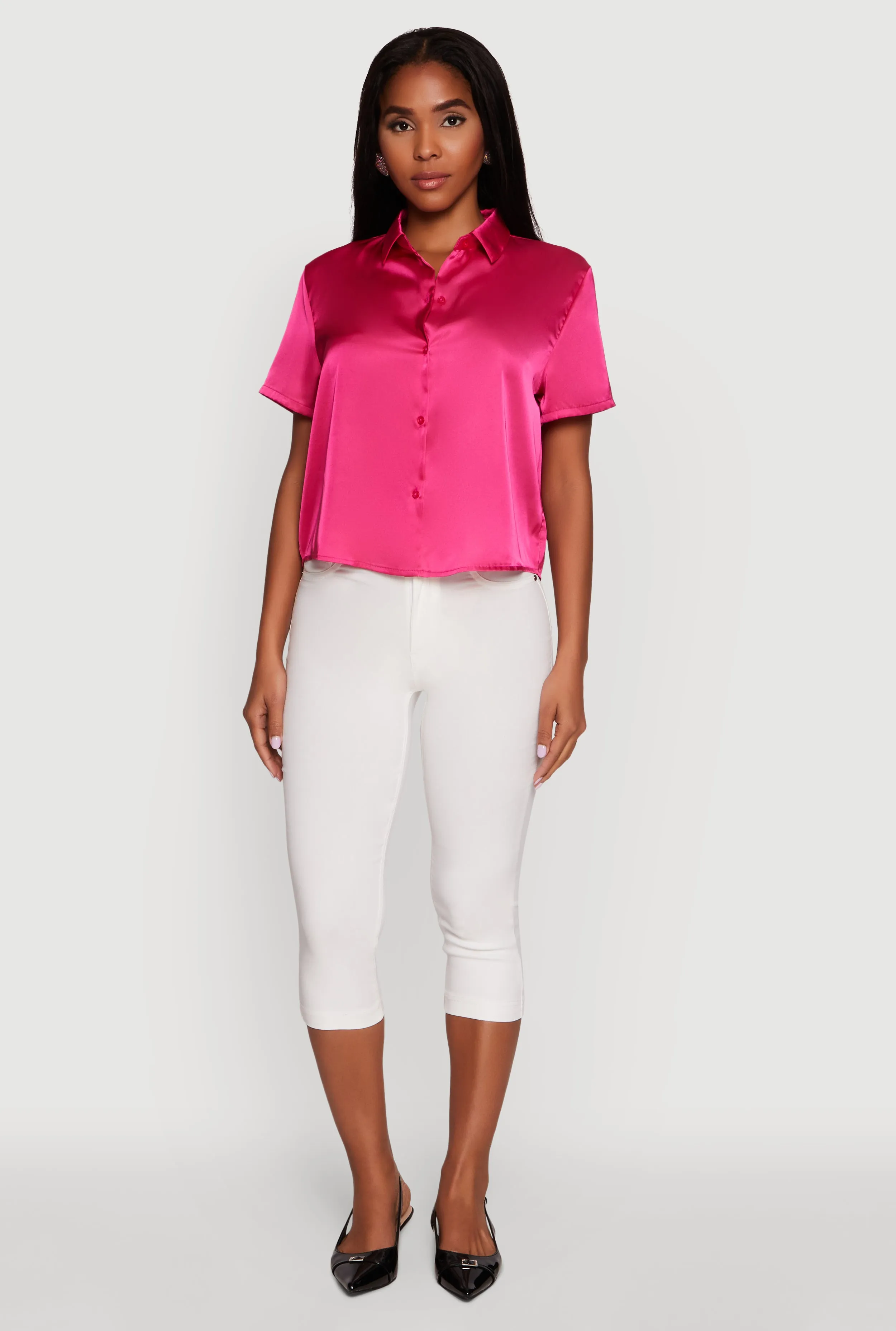 Satin Button Front Cropped Boxy Top sold by Rainbow product image thumbnail 3