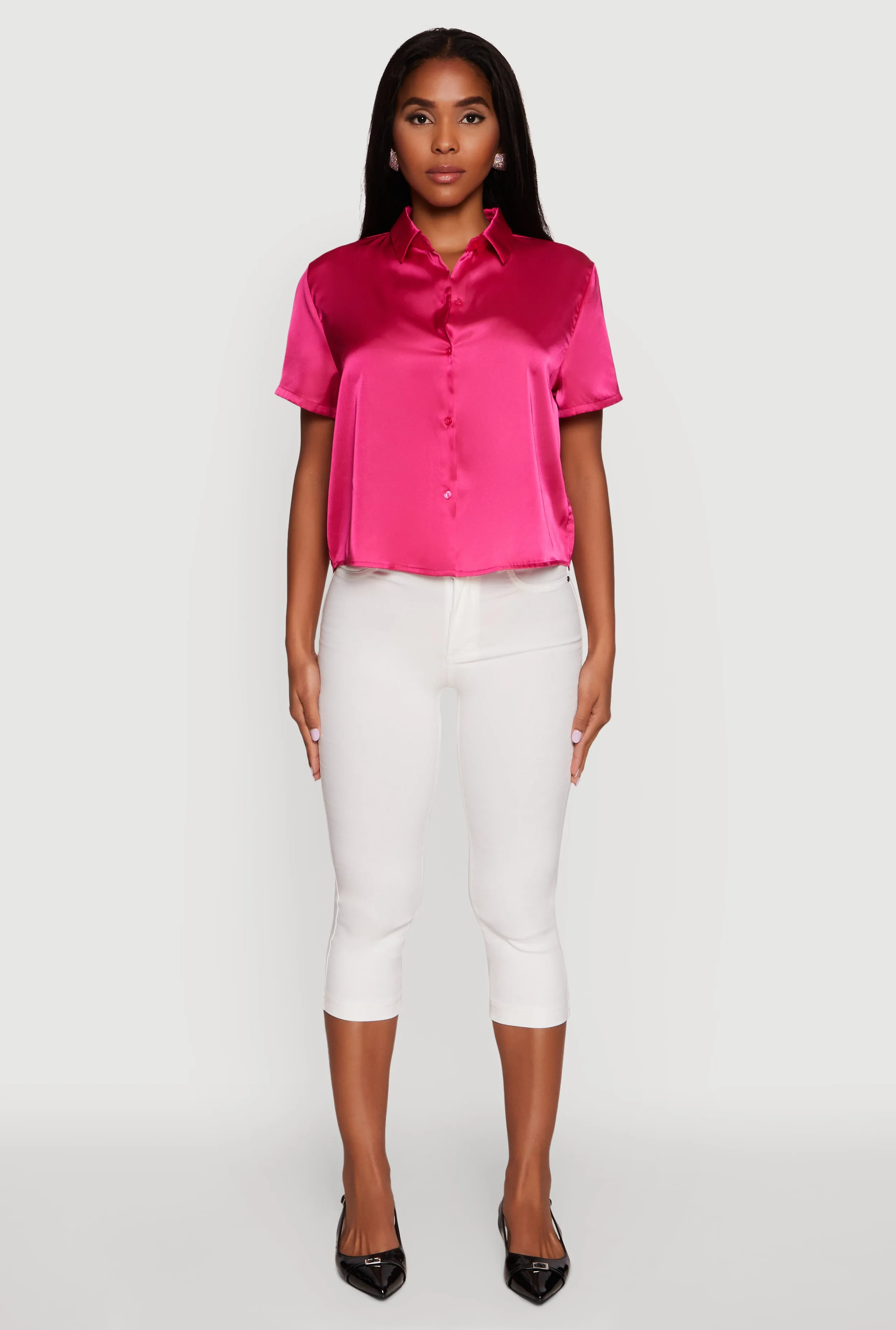 Satin Button Front Cropped Boxy Top sold by Rainbow