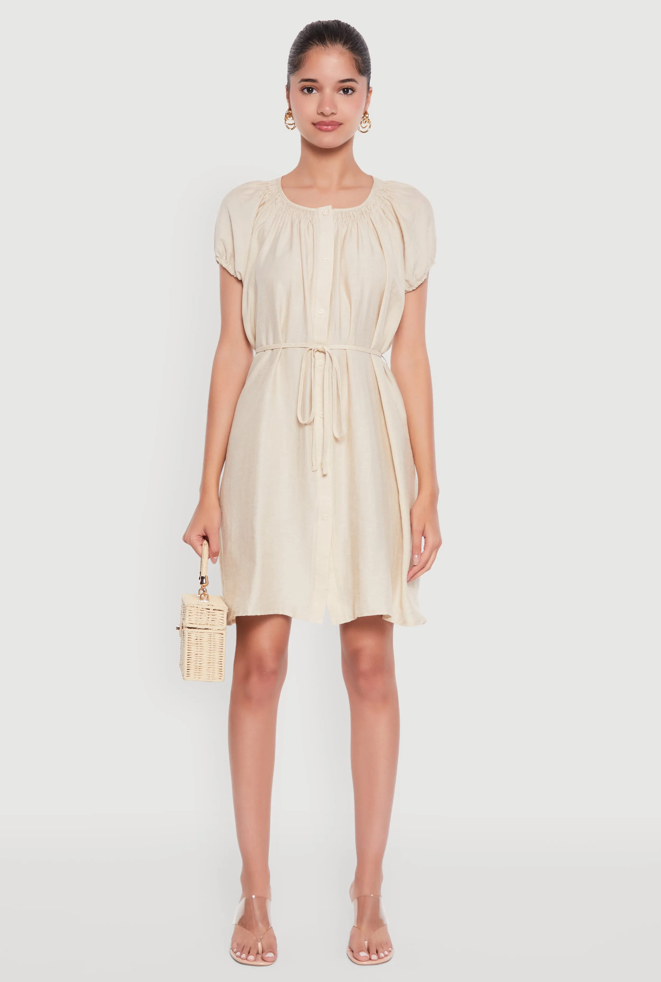 Chic Linen Peasant Dress with Pockets and Tie Waist Belt sold by Rainbow product image thumbnail 2