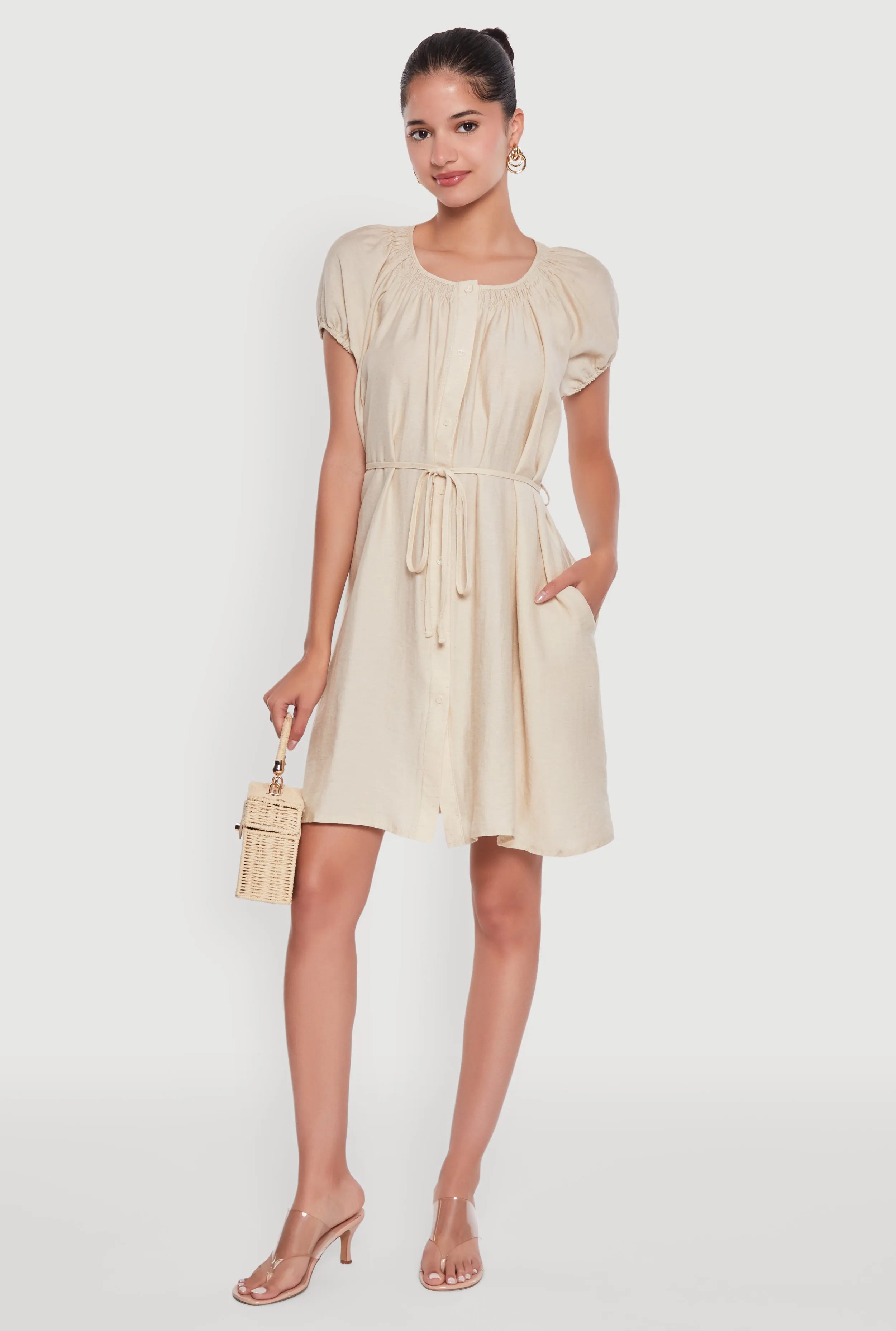 Chic Linen Peasant Dress with Pockets and Tie Waist Belt sold by Rainbow