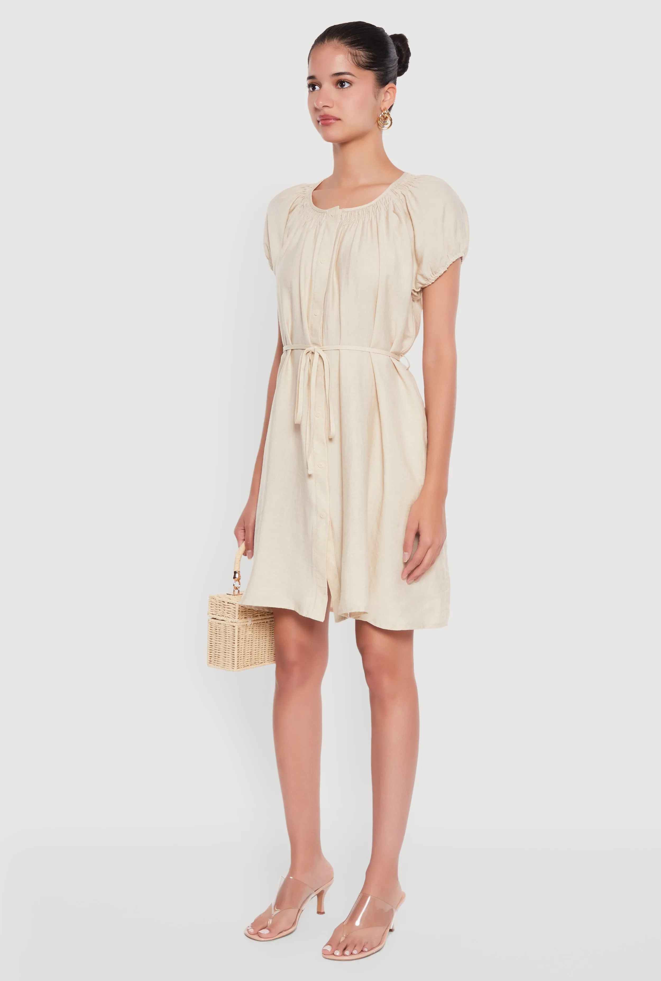 Chic Linen Peasant Dress with Pockets and Tie Waist Belt sold by Rainbow product image thumbnail 3
